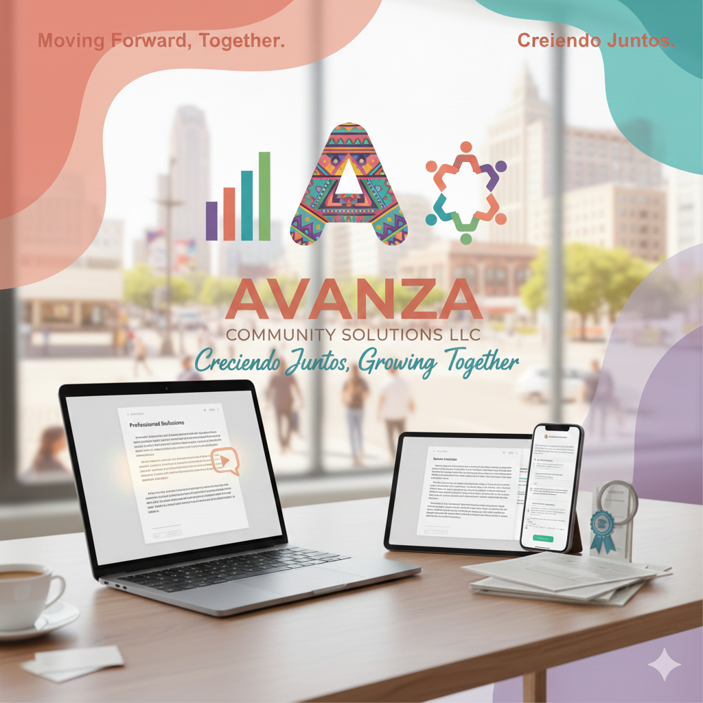 A promotional graphic for AVANZA Community Solutions LLC featuring text, colorful icons, and electronic devices on a desk against a blurred cityscape background.