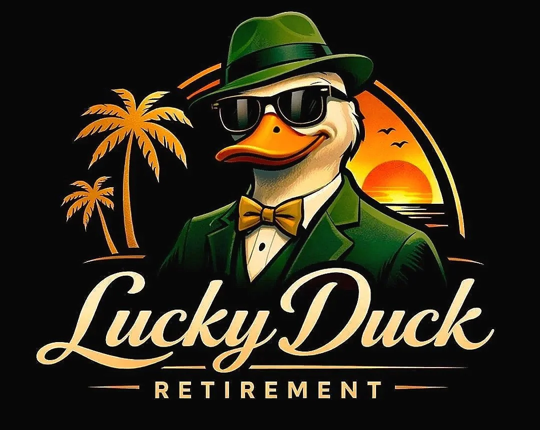 A cartoon duck dressed in a green suit, yellow bow tie, black sunglasses, and a green hat. The background features a sunset over the ocean with palm trees. The text says "Lucky Duck Retirement."