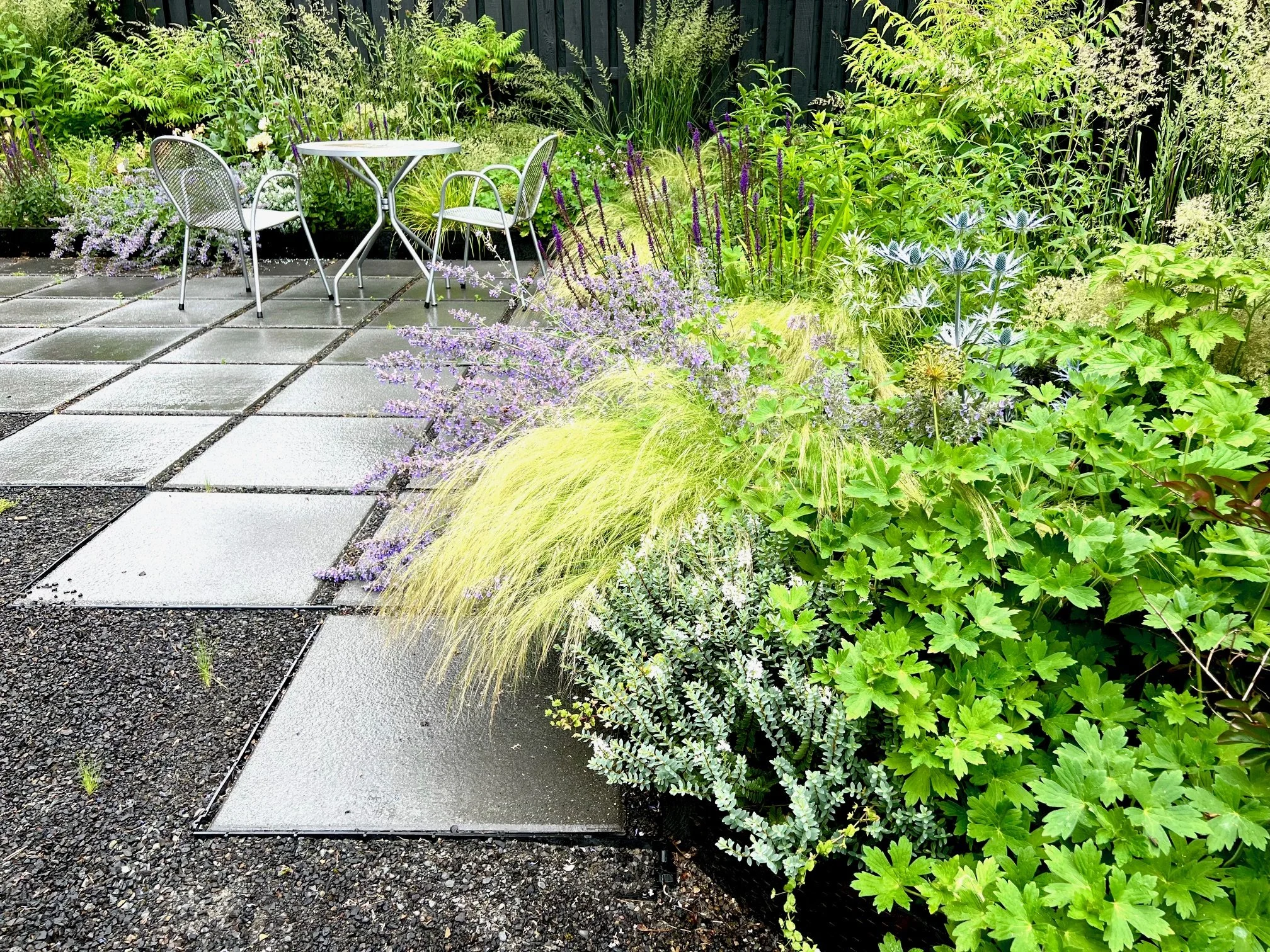 Meadow gras border with pavers in full bloom, Hood River Oregon – Garden Riot Designs