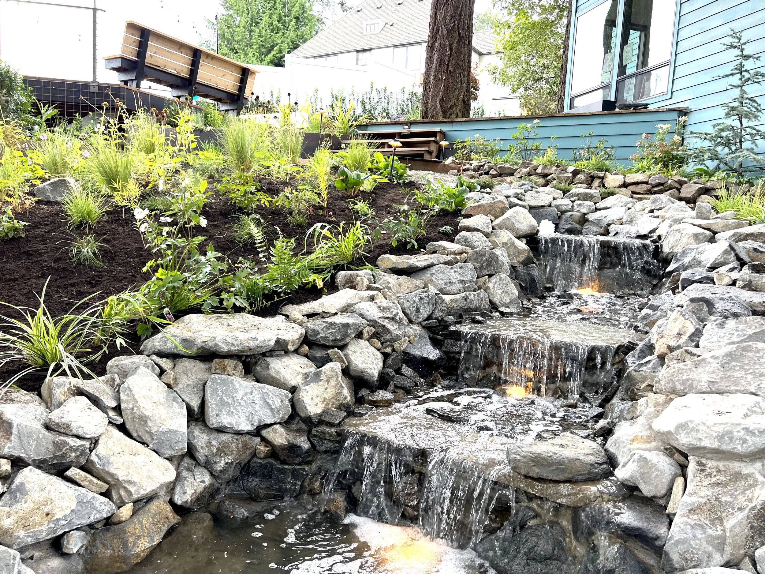 Naturalistic water feature and waterfall landscape by Garden Riot Designs, Columbia River Gorge