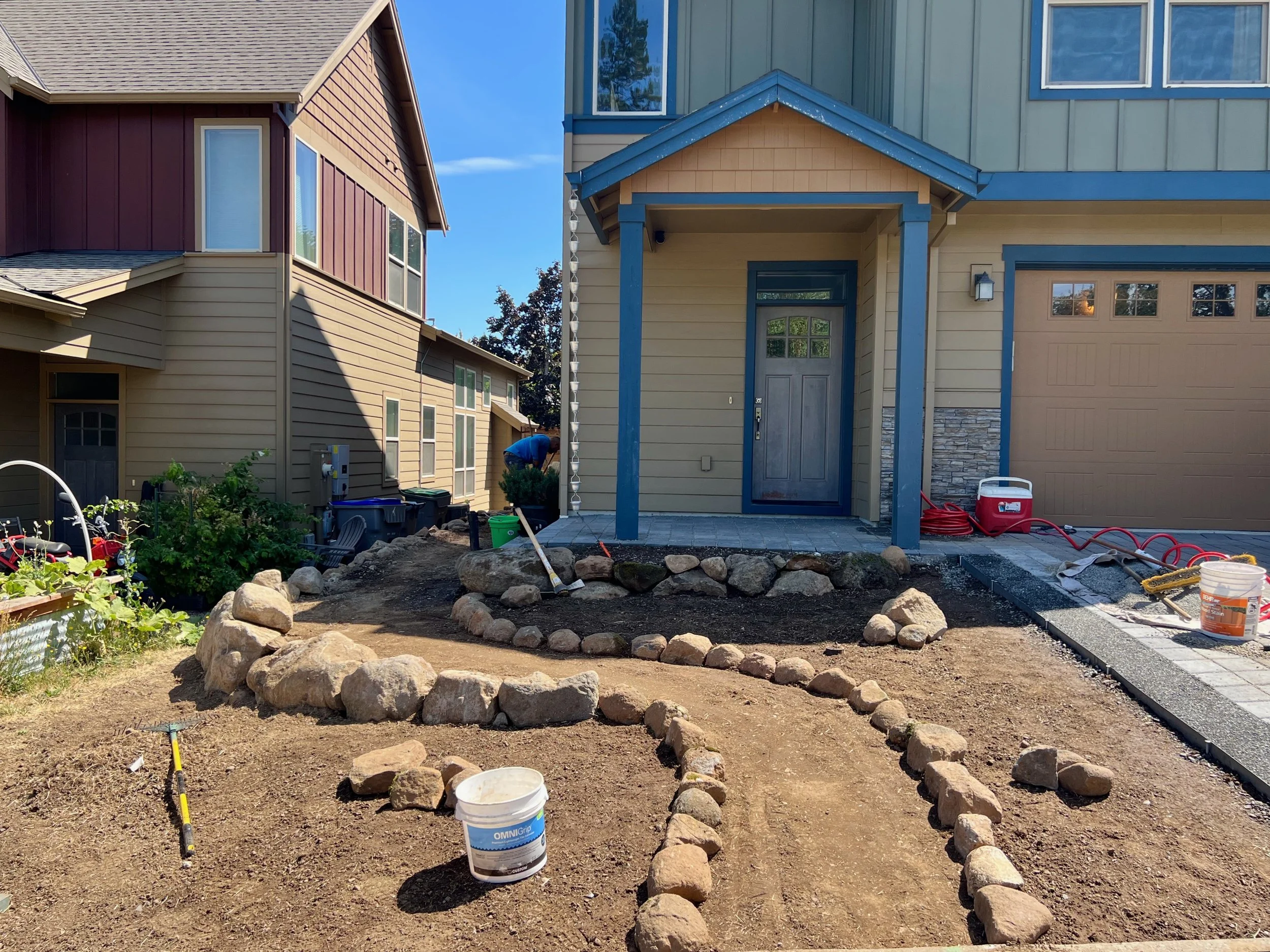 Before and after no-lawn pathways with native plantings by Garden Riot Designs, Hood River 