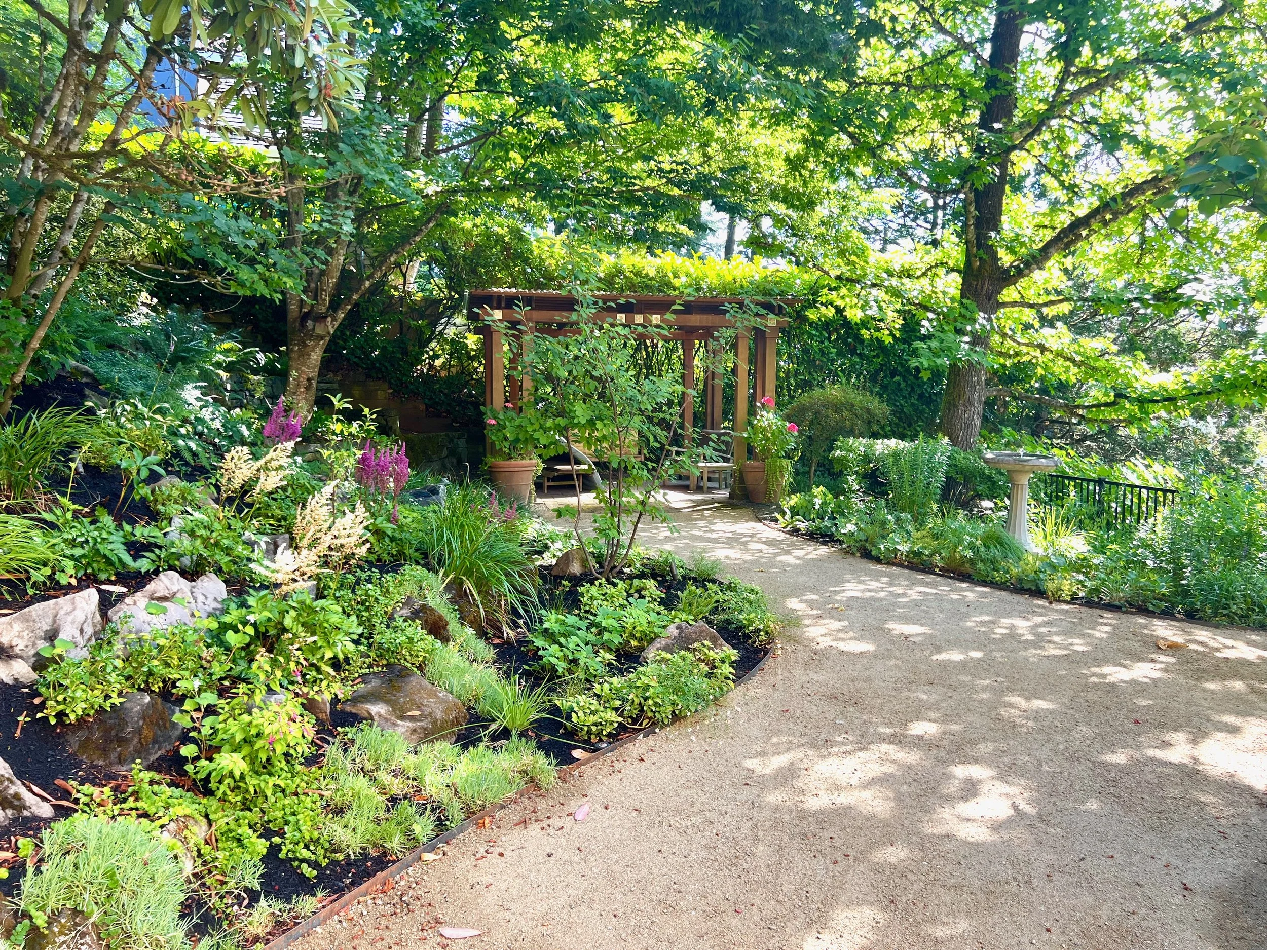 Shade Garden with astilbe with a decomposed granite path, Garden Riot Designs