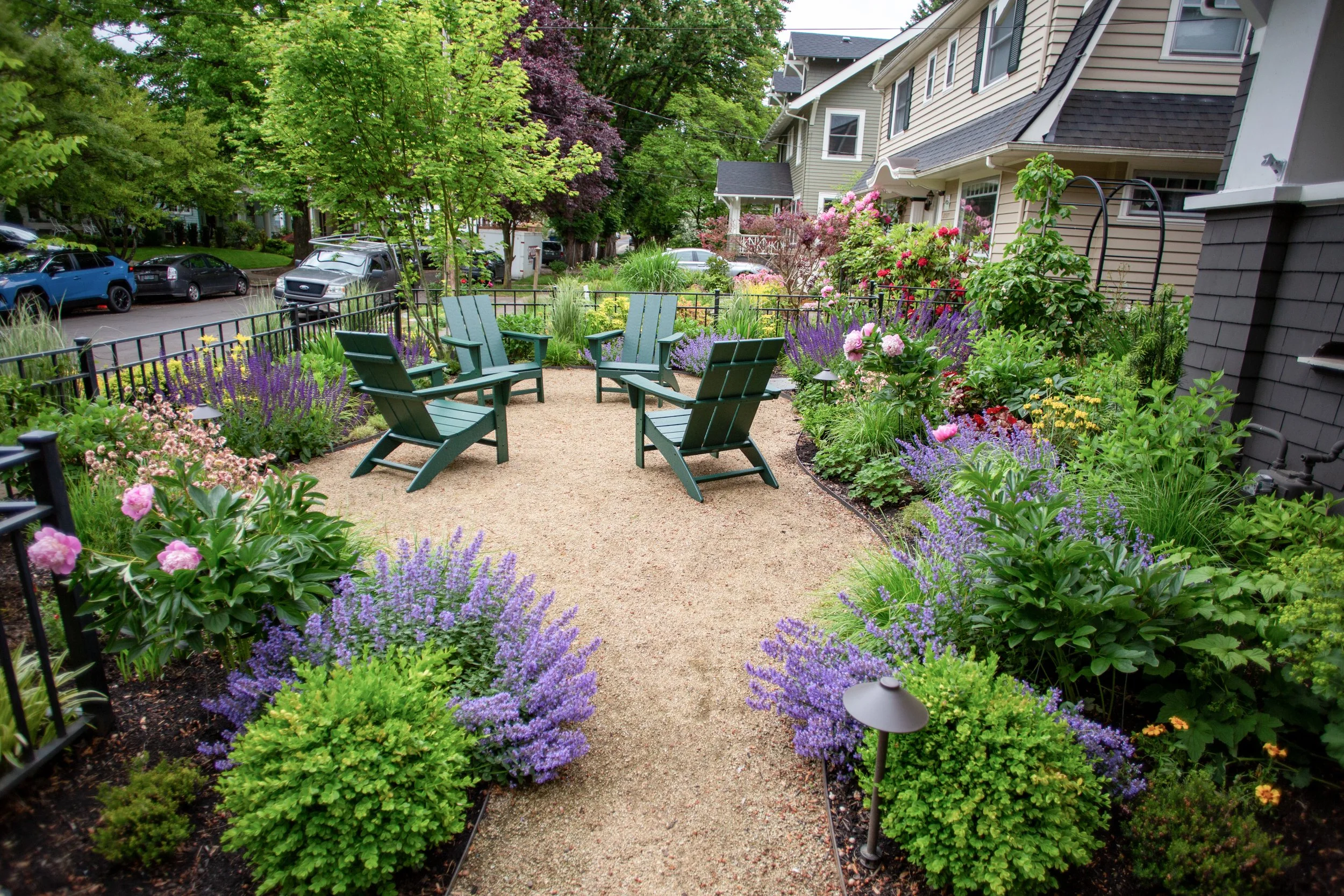 Catmint, decomposed granite, and peony garden design by Garden Riot Designs, Columbia Gorge