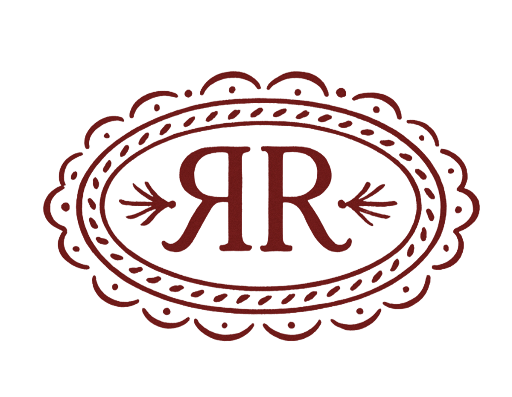 Stylized logo with two large overlapping letter 'R's inside an oval, surrounded by decorative lines and patterns, all in dark red on a black background.