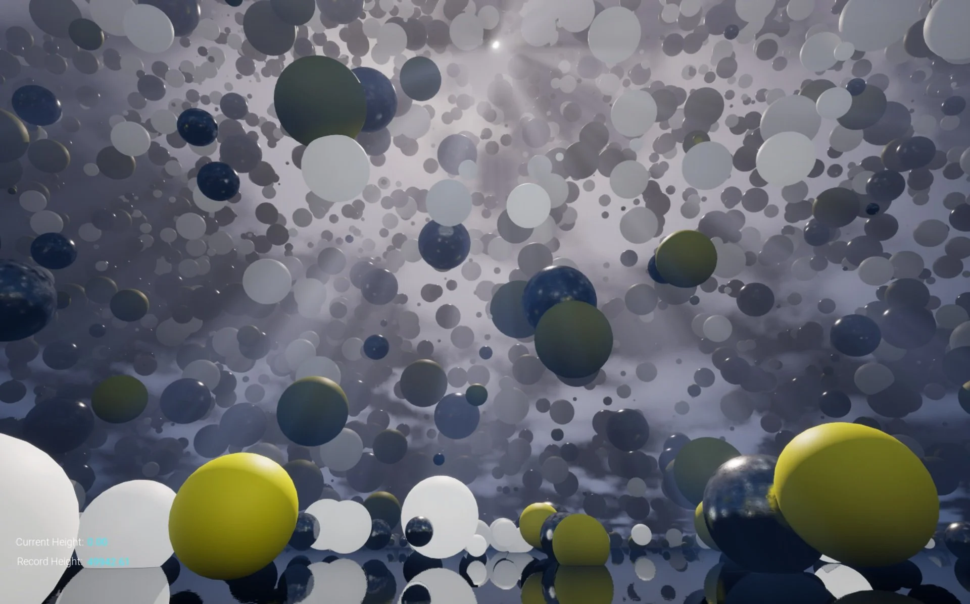 Dim sun filters through gray fog illuminating white, yellow and chrome orbs that fill the sky