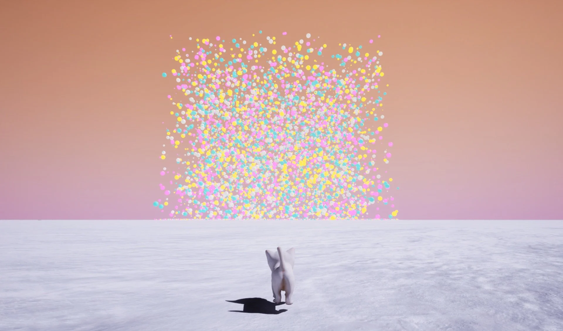 White cat observes playground of pastel orbs from a great distance