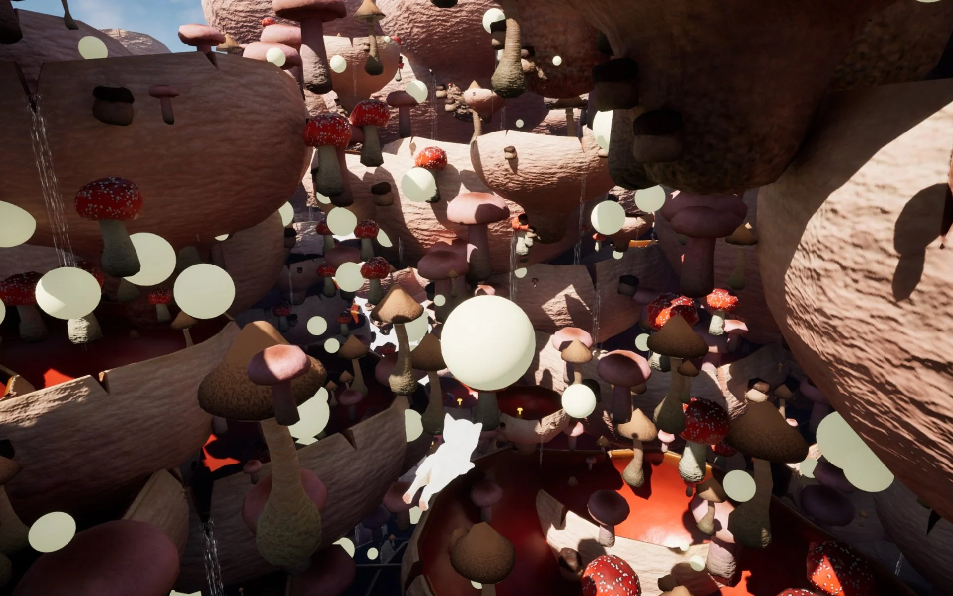 Glowing white cat floats above strange and wonderful landscape full of enormous mushrooms, waterfalls and white orbs