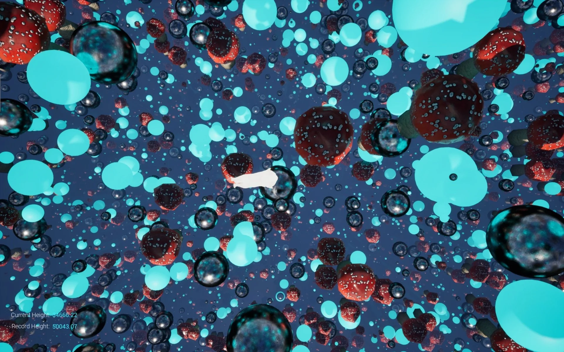 White cat floats above red capped mushrooms and glowing blue and chrome orbs against denim blue background