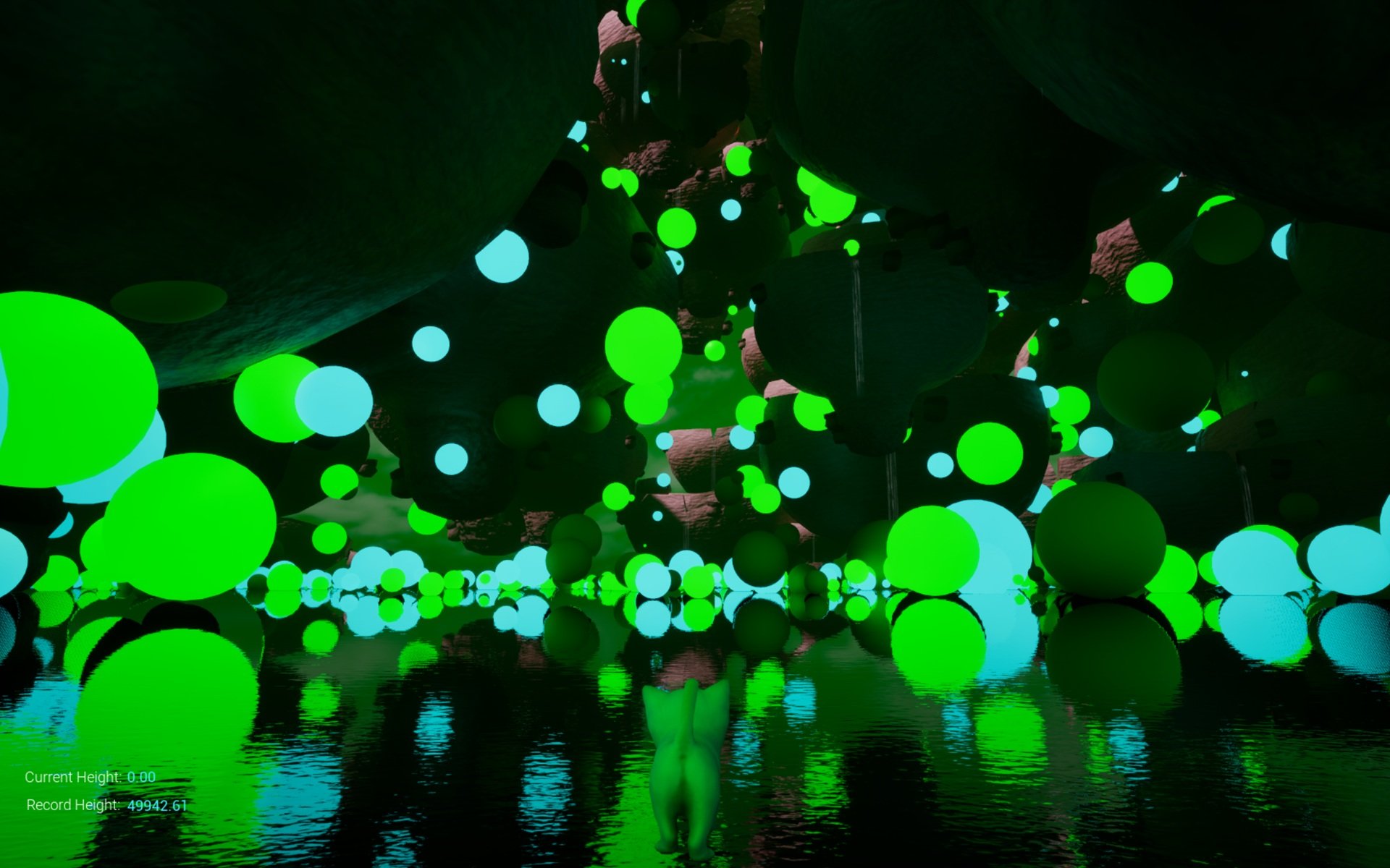 White cat peers at dark scene of glowing green and blue orbs, gigantic mushroom bowls overflowing with water against deep green sky