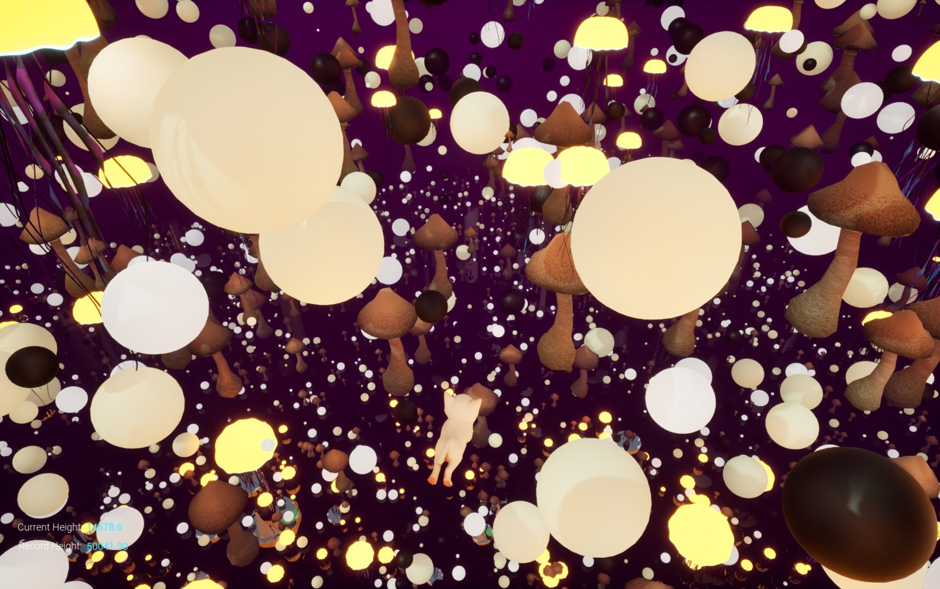 White cat dives into deep purple landscape filled with glowing white and ivory balls, brown mushrooms, black orbs and pale orange jellyfish