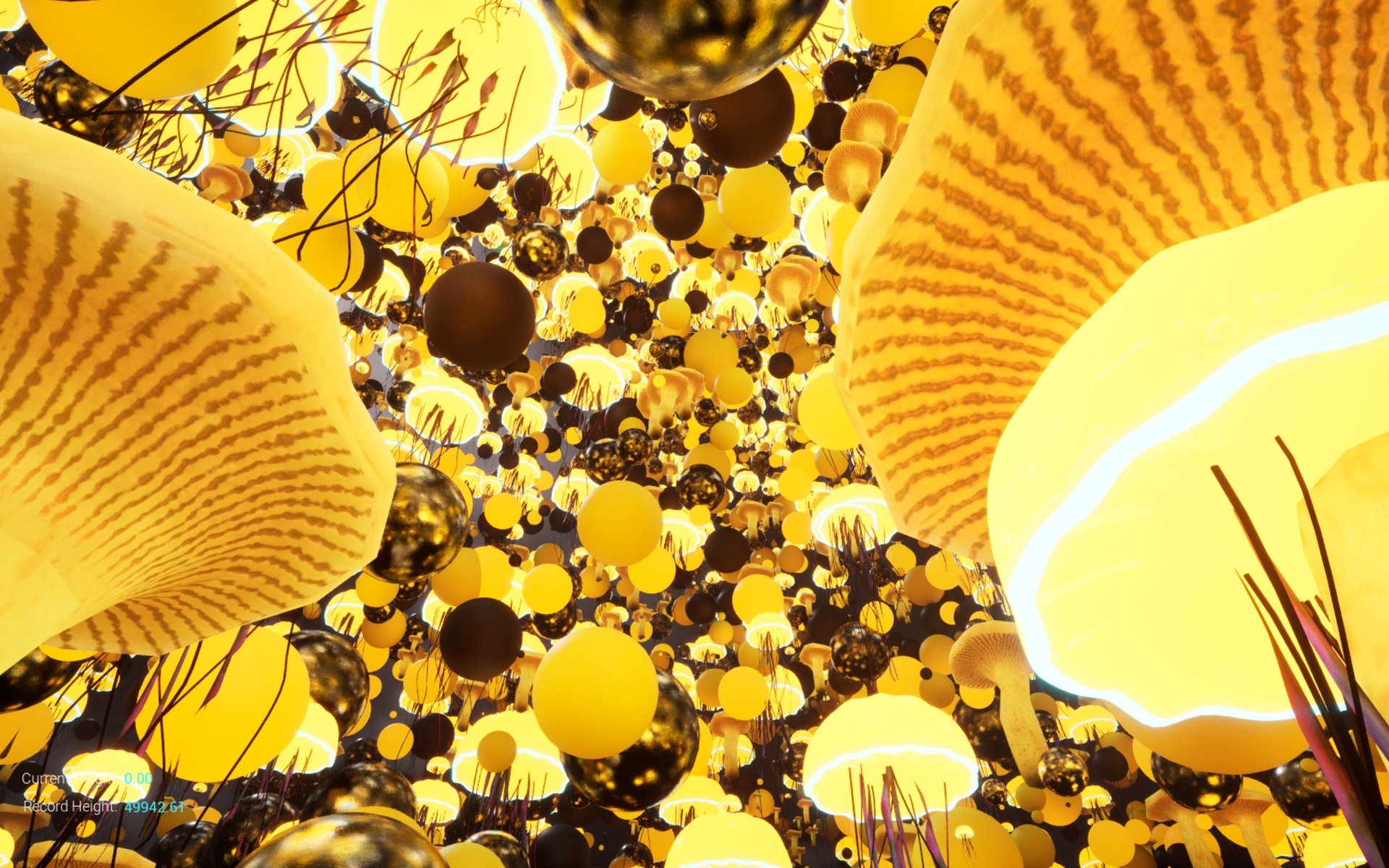 Glowing yellow mushrooms, jellyfish and orbs along with black and chrome balls to reflect their glow fill the air against dark gray sky