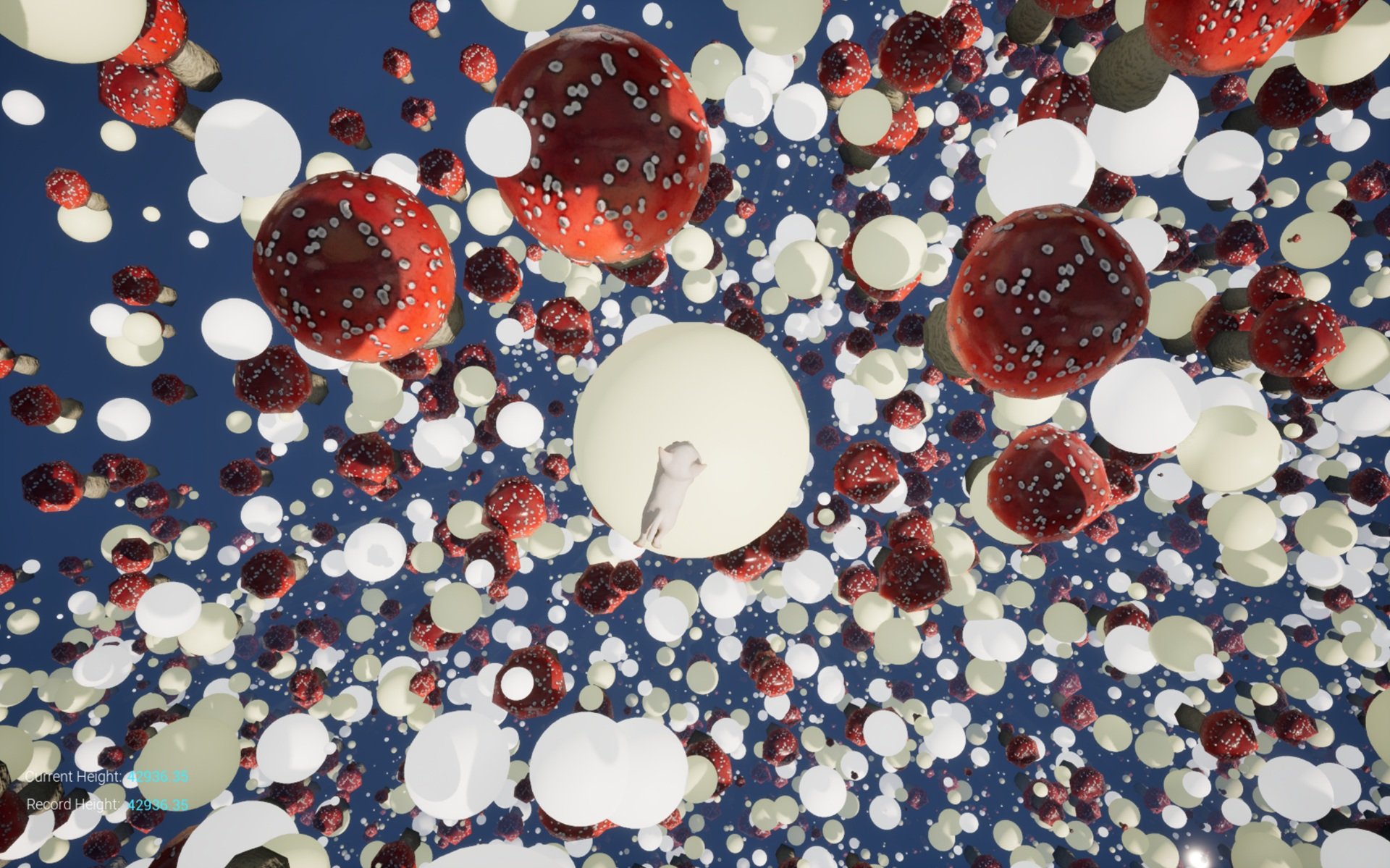 White cat hovers above red capped mushrooms and white and cream colored orbs against deep blue background