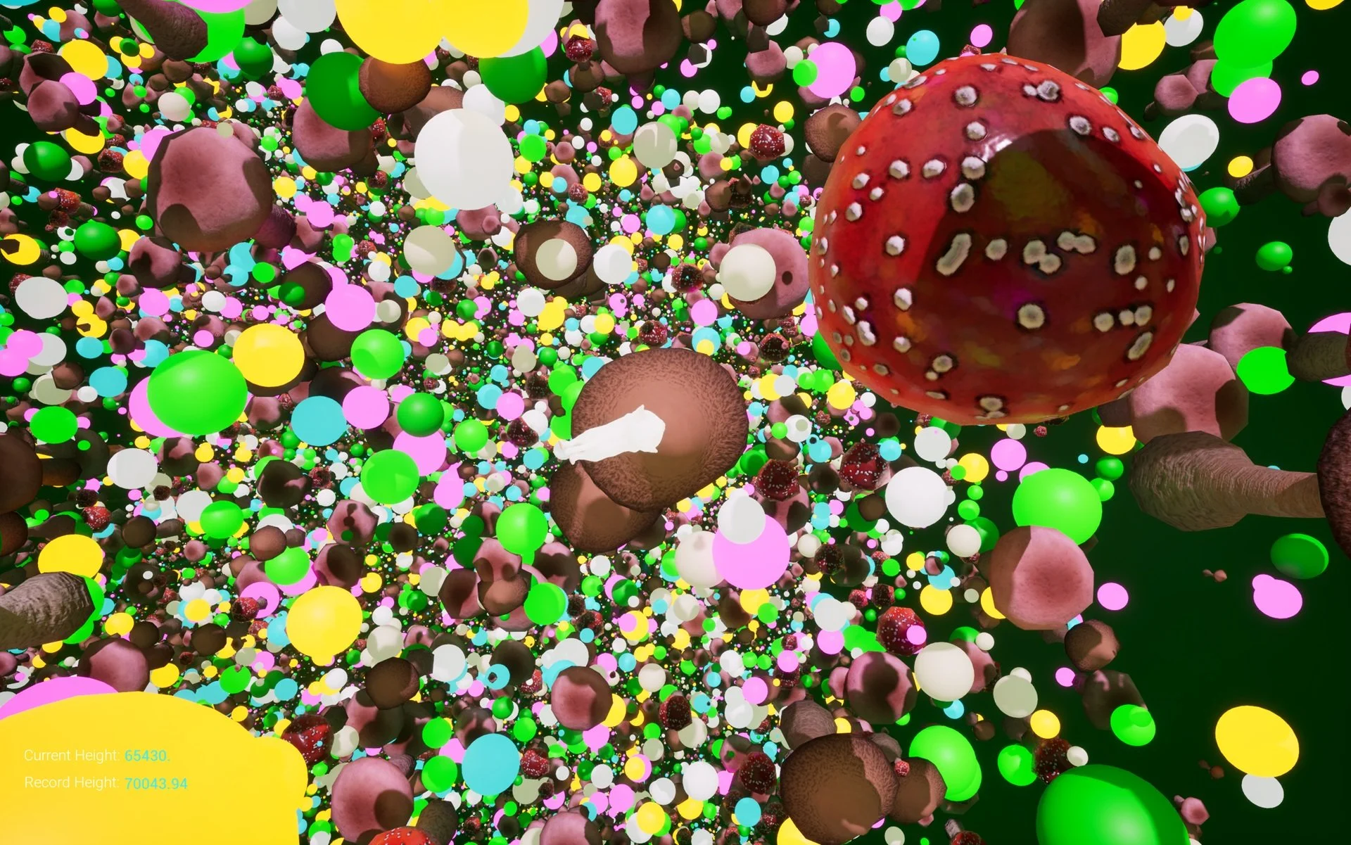 White cat floats above pastel colored orbs and woodland mushrooms against deep green background