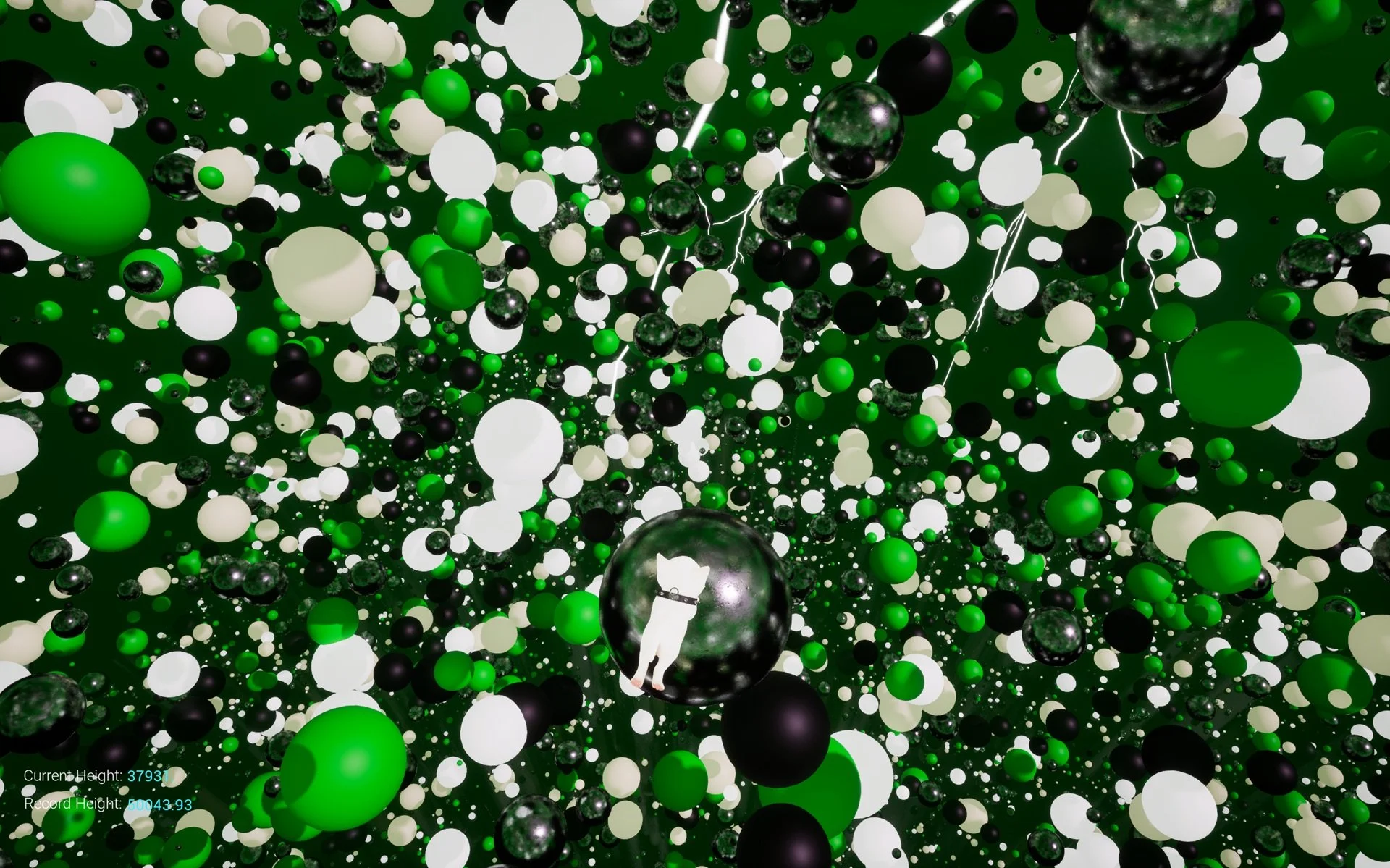 White cat with spiked leather collar hovers over gleaming chrome ball with cacophony of green, black and white orbs in a lightning storm