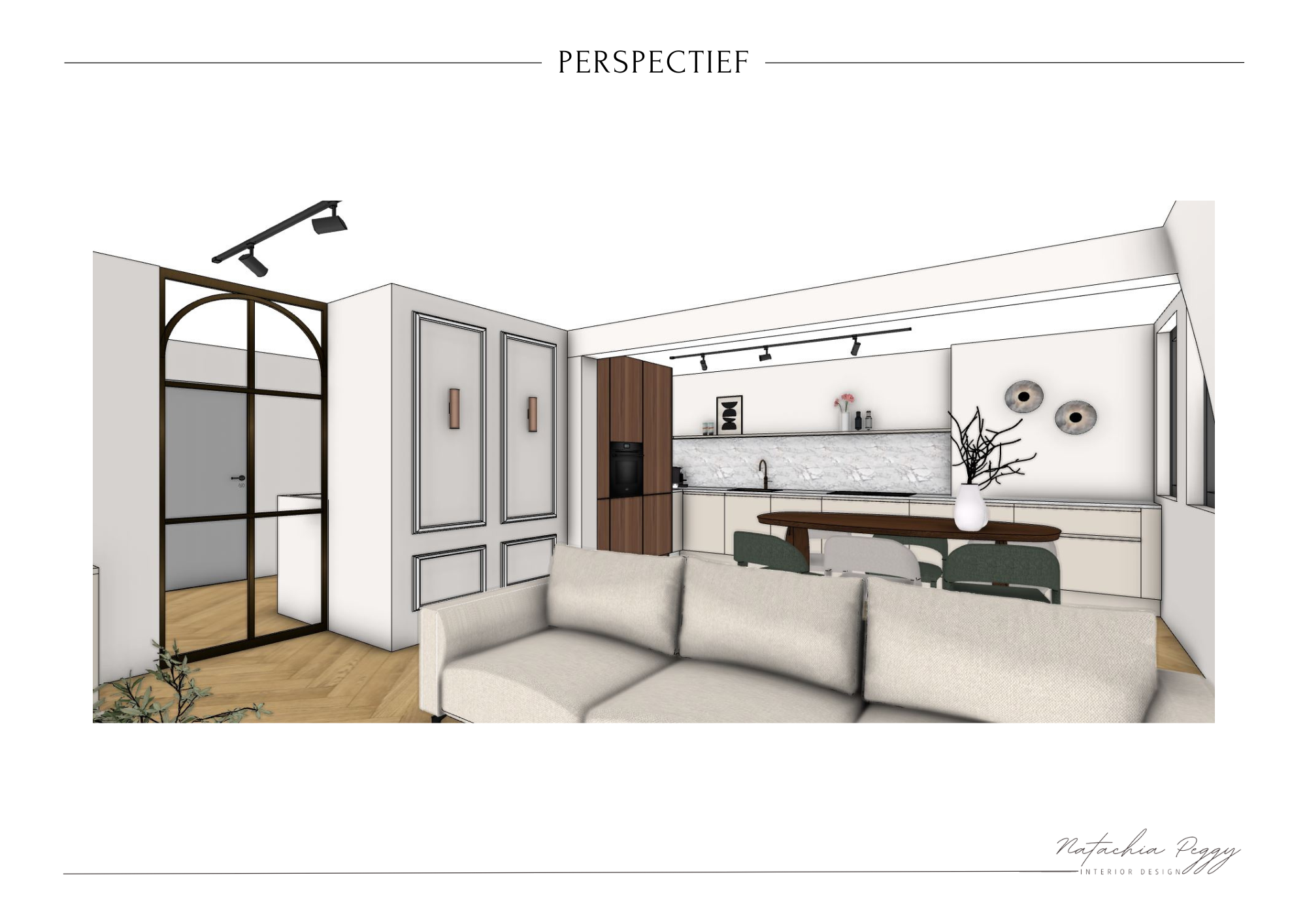 Illustratie van een moderne keuken en woonkamer met witte en houten elementen, een beige bank, een eettafel met stoelen, muurdecoraties en planten.