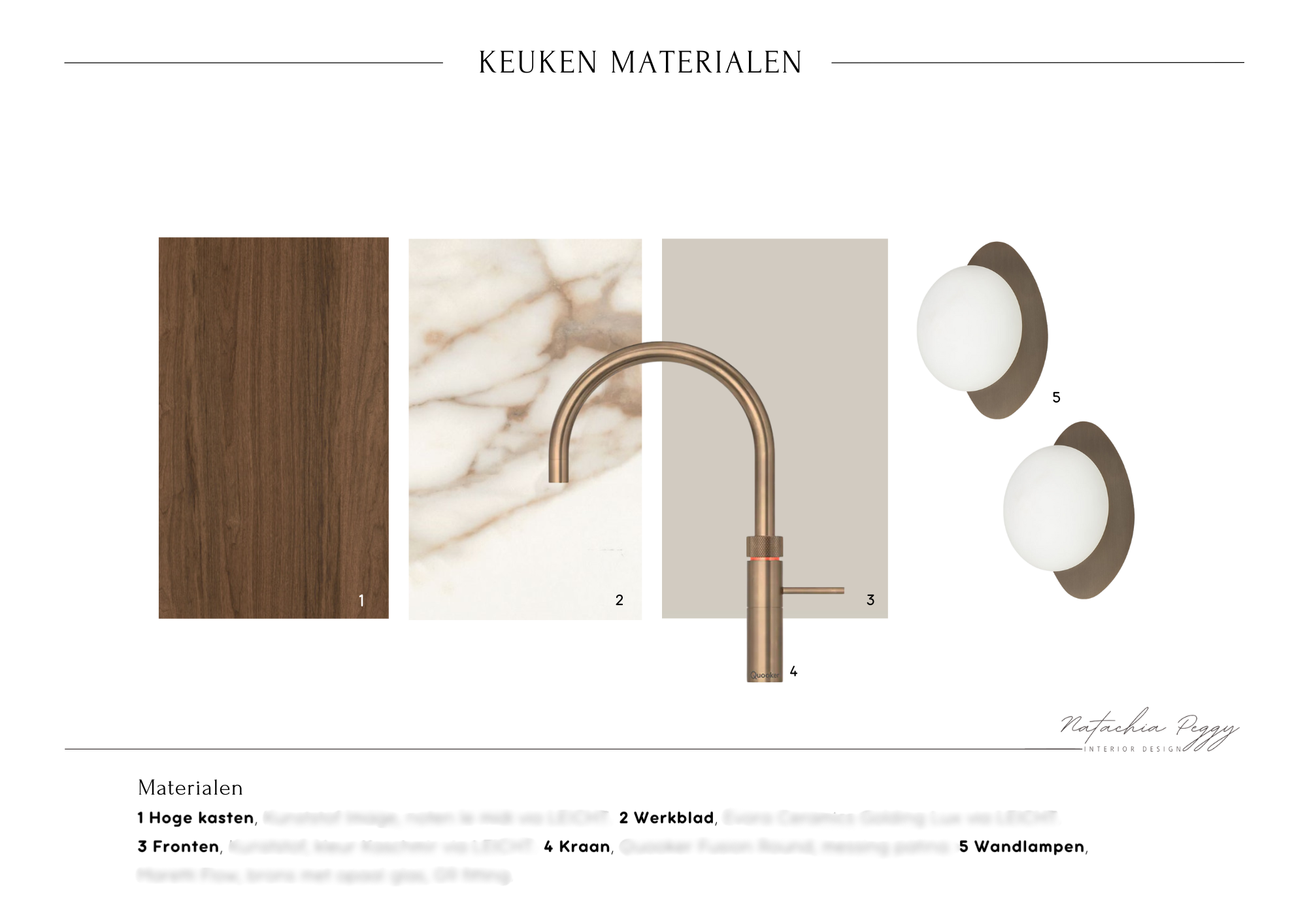 Ontwerpschema voor keukenmaterialen inclusief hout, marmer, werkblad, kraan en wandlampen.