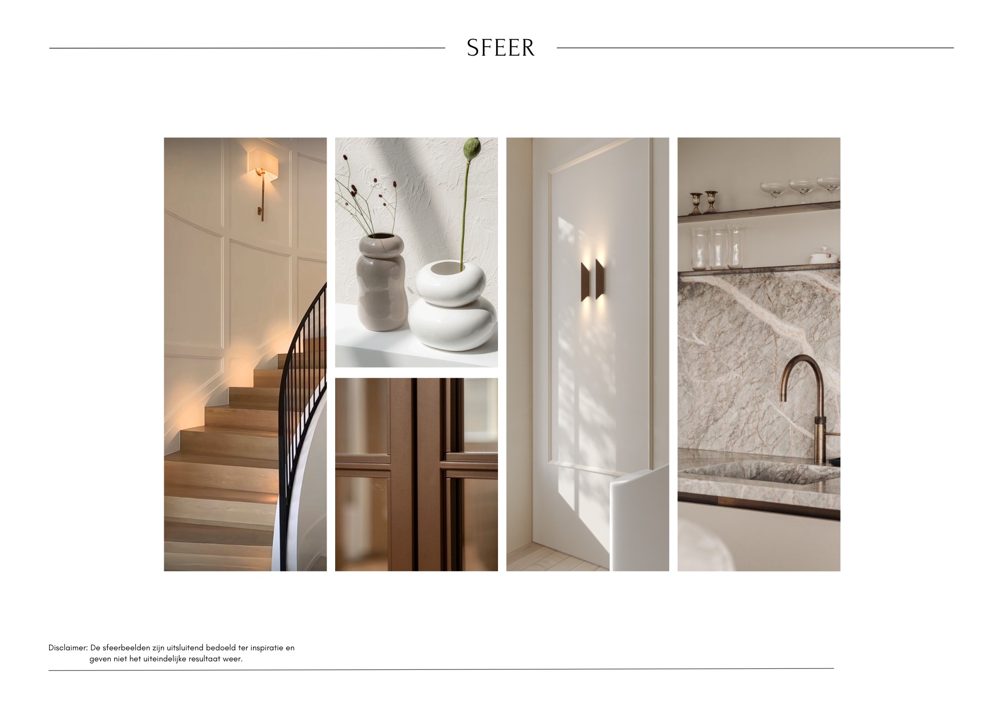 Binnenhuisinspiratie met beeld van trap, keramische vazen, houten paneel, schuifdeur, marmeren aanrecht en keuken. Minimalistisch en elegant design with warm en neutraal kleuren.