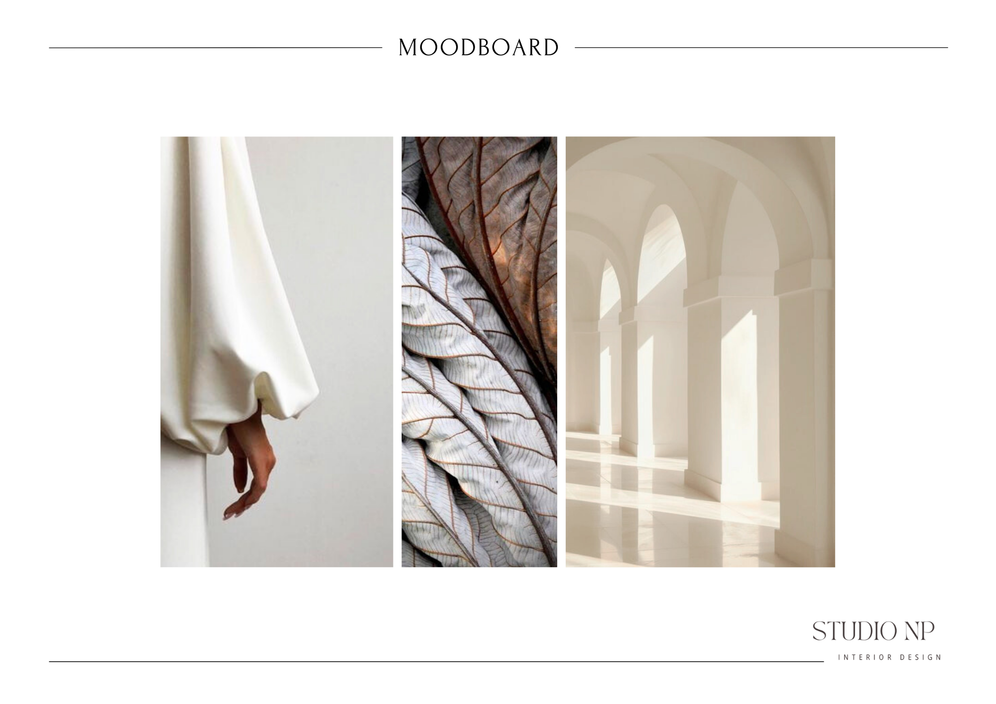 Moodboard met drie foto's: op de linker foto een hand met een witte lange mouw, in het midden gedroogde bladeren in aardetinten, rechts een witte galerij met hoge bogen en lichtinval.