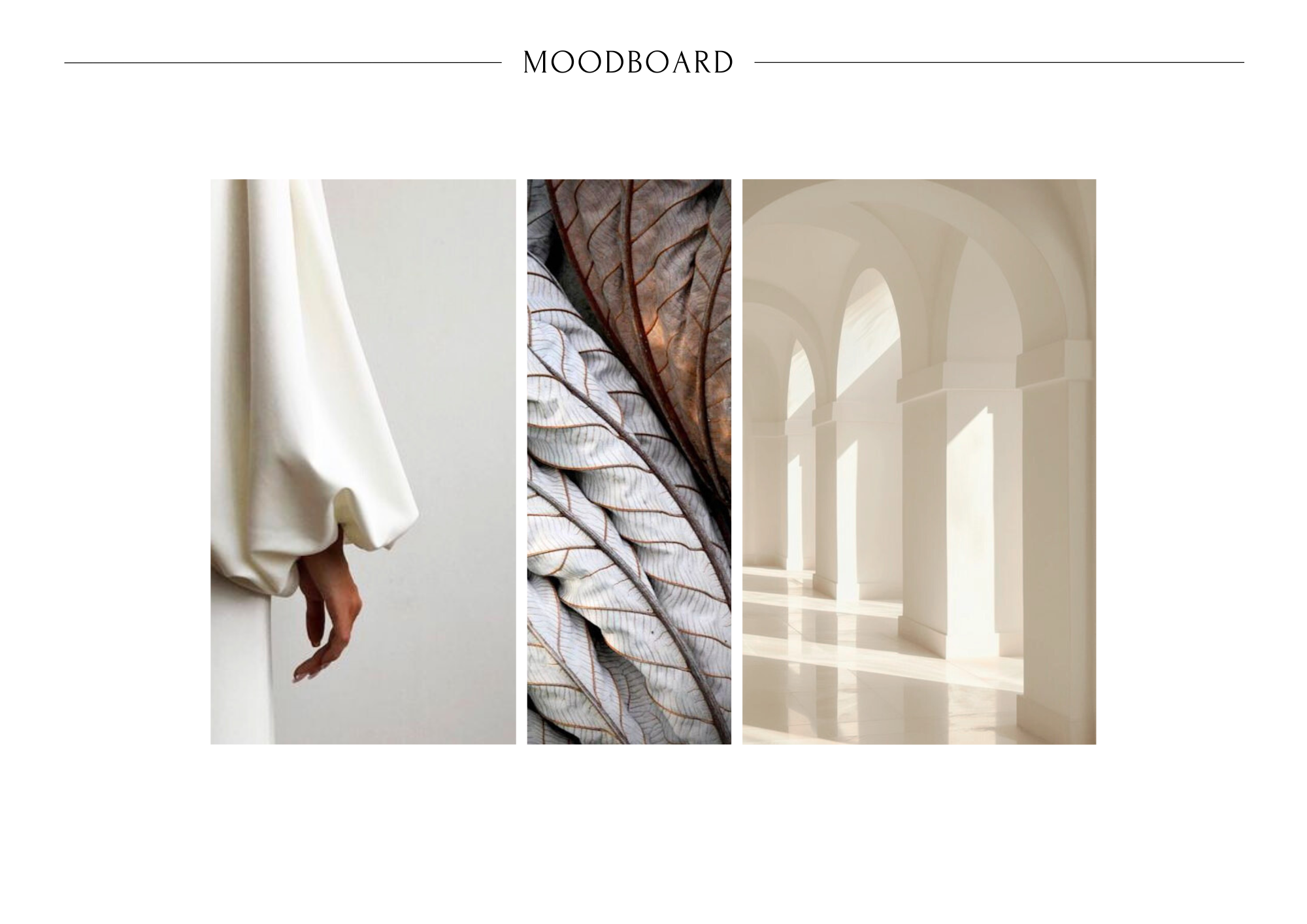 Een moodboard met drie foto's: links een hand die uit een wit kledingstuk steekt, in het midden close-up van gedroogde bladeren met bruine nerven, rechts een lichte, elegante hal met witte bogen en lichtinval.