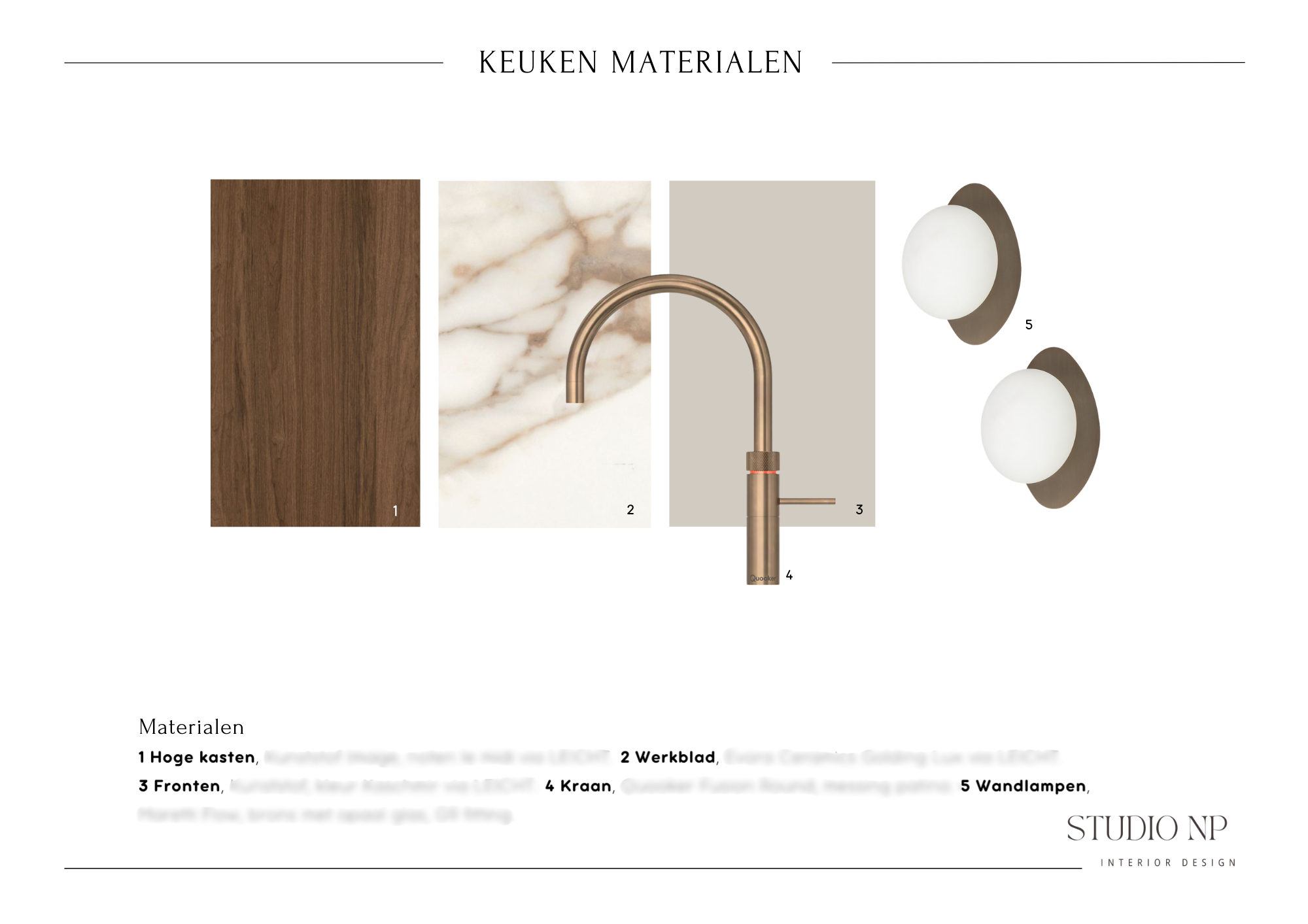 Diagram van keukengereedschap met materialen, inclusief een houten plaat, marmeren werkblad, beige fronten, een koperkleurige kraan en twee wandlampen. Tekst onderaan beschrijft de materialen.