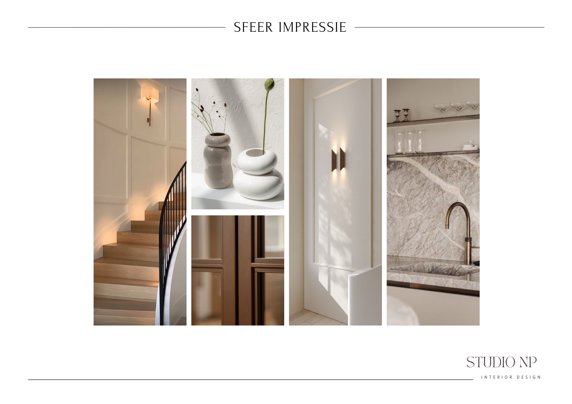 Een collage van interieurfoto's met een trap met houten treden en zwarte railing, witte vazen met bloemen, een witte deur met muur aanlichting, een witte muur met shadow en een marmeren keukenblad met kraan.
