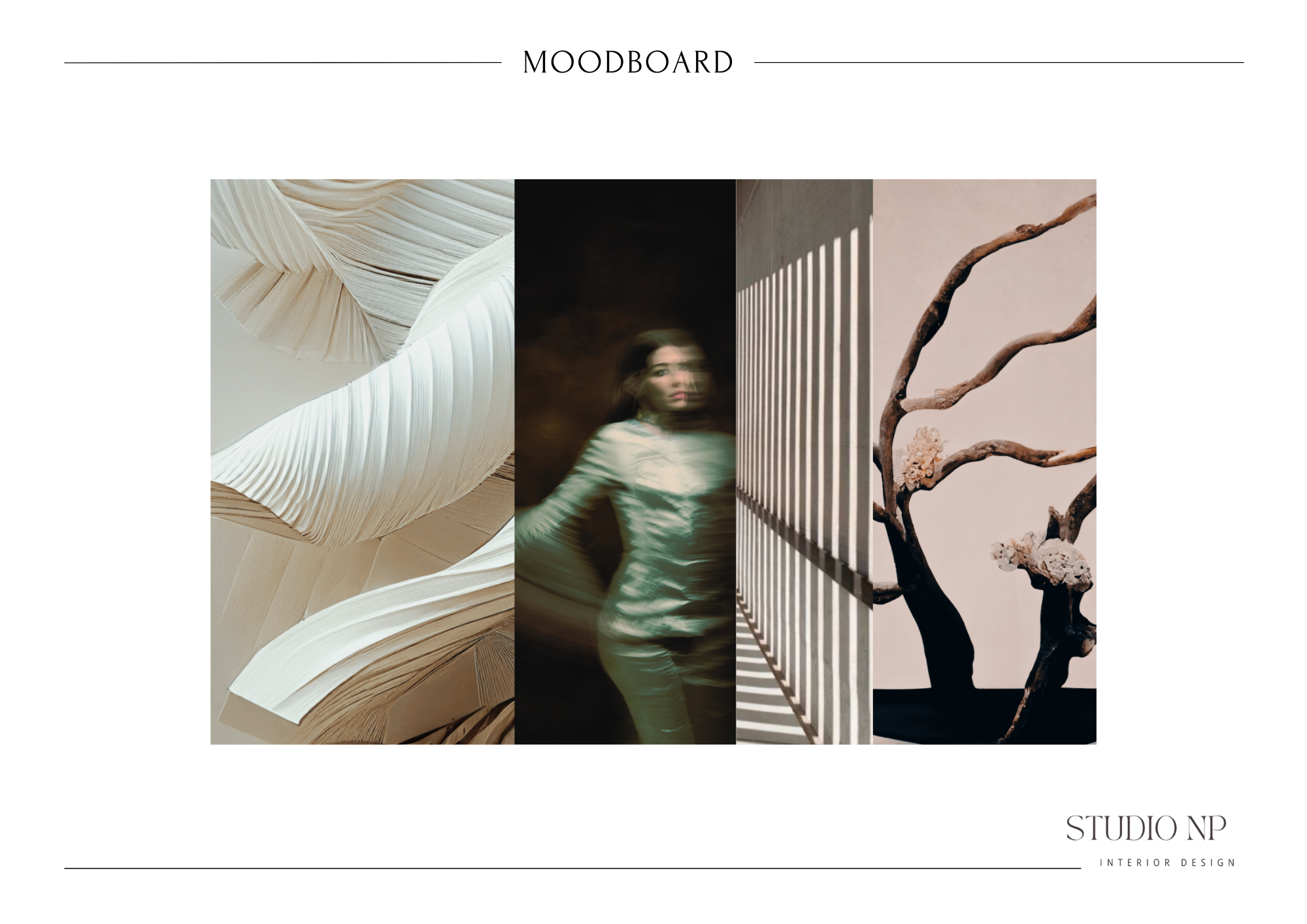 Vier foto's in een collage: een close-up van beige, gestapelde papieren met golvende structuren, een wazige foto van een vrouw in een lichte outfit, een beeld van een muur met verticale witte staven die schaduw werpen, en een dode gekleurde boomtak m