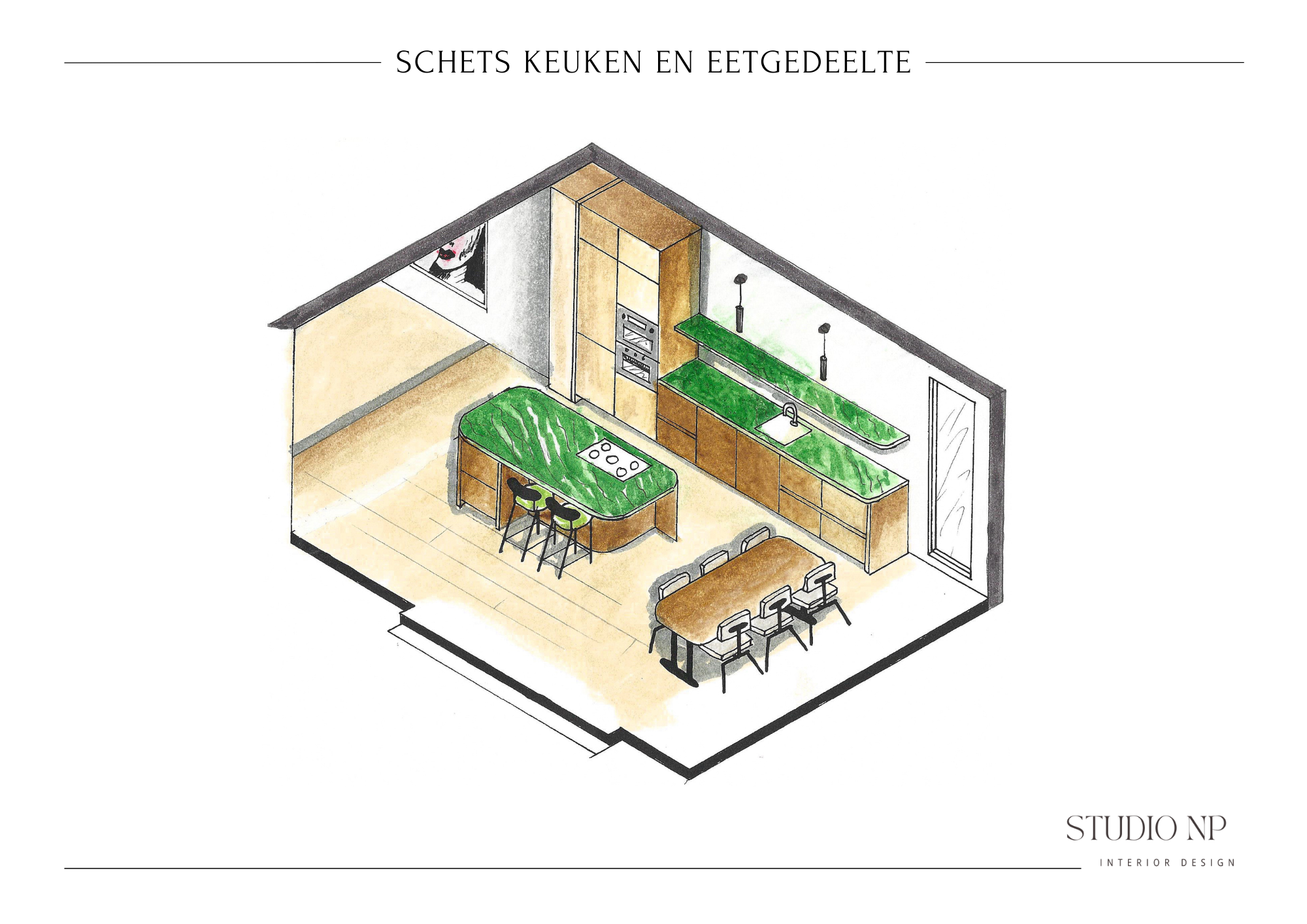 Een schets van een keuken en eethoek met houten kasten, groene natuursteen werkbladen, een keukeneiland met kookplaat, een eettafel met zes stoelen, en een muur met een grote ramen en een deur. Bovenaan staat de titel 'Schets Keuken en Eetgedeelte' e