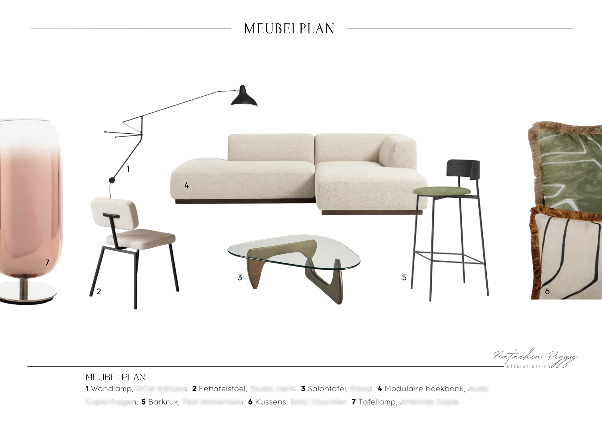 Meubelplan met diverse meubels zoals wandlamp, eetstoel, salontafel, modulaire hoekbank, barkruk, kussens, tafellamp en schilderij.
