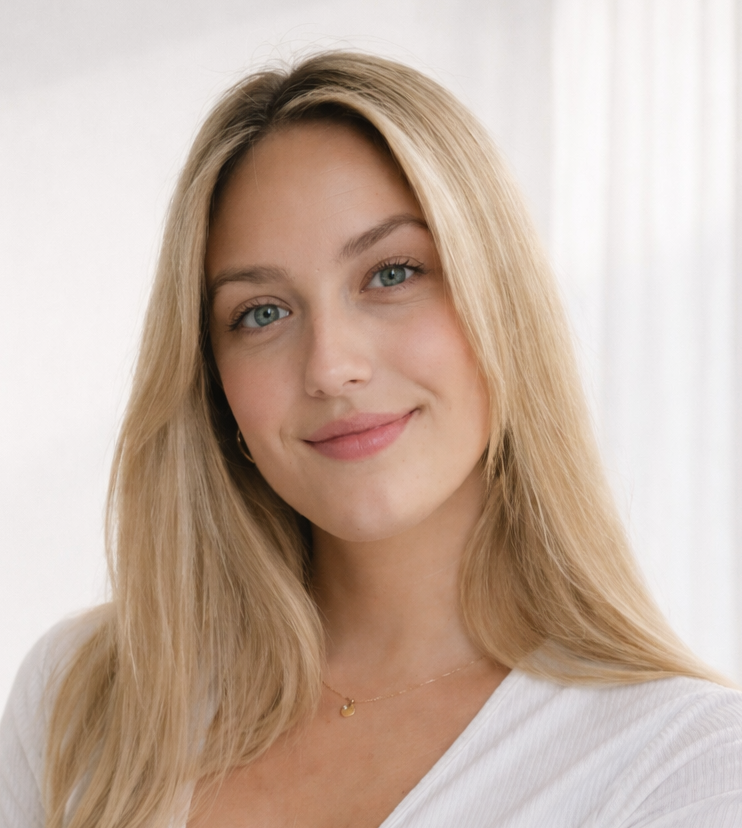 Nahaufnahme einer lachenden jungen Frau mit blondem Haar, blauen Augen und leichtem Makeup. Sie trägt eine weiße Bluse und eine zarte Goldkette, vor hellem Hintergrund.