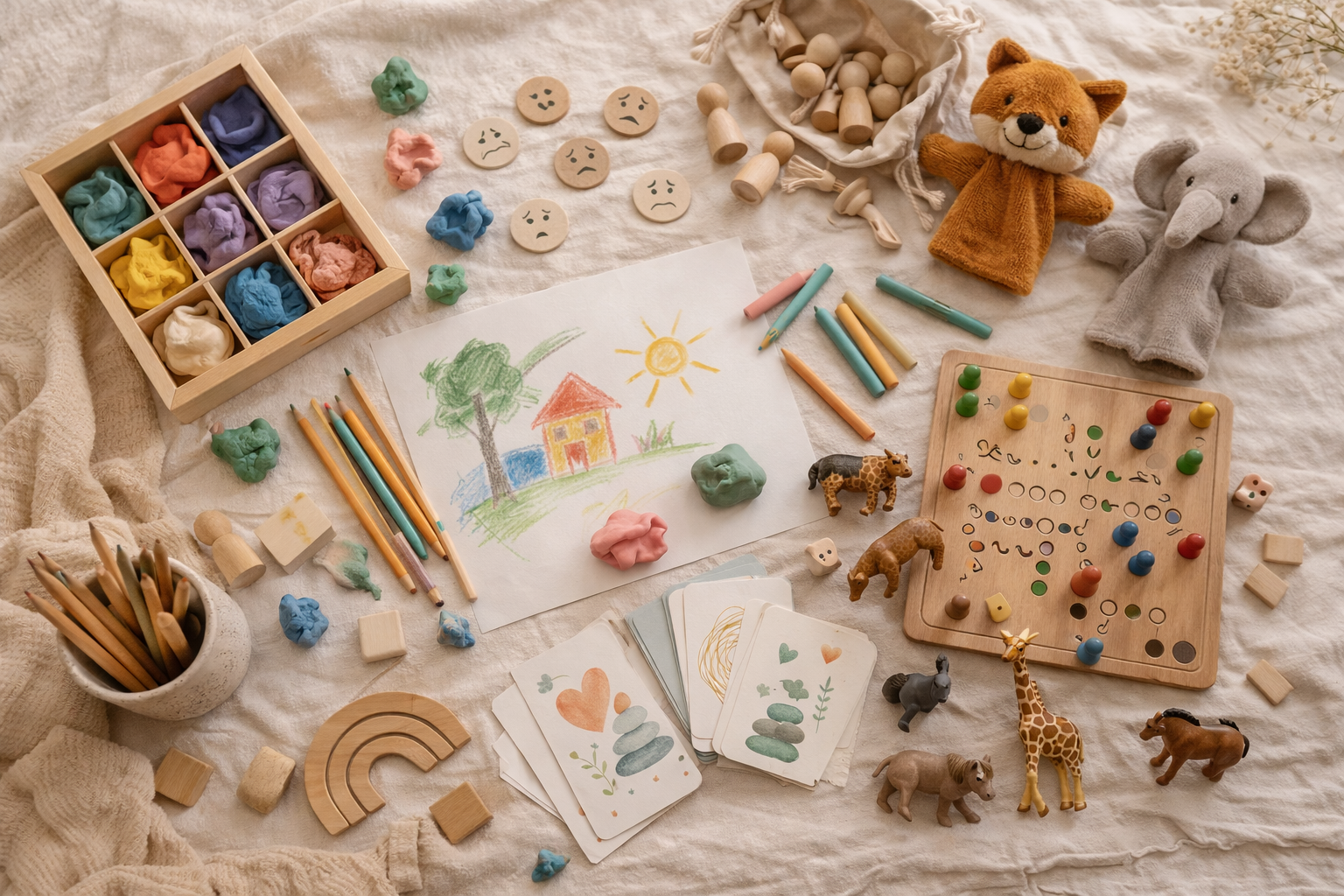 Spielzeug und Bastelmaterialien auf einer Decke, darunter Puppen, Holztiere, Spielkarten, Malstifte, Kreide, handgemalte Bilder, Würfel, Spielsteine, und ein Holzbalken.
