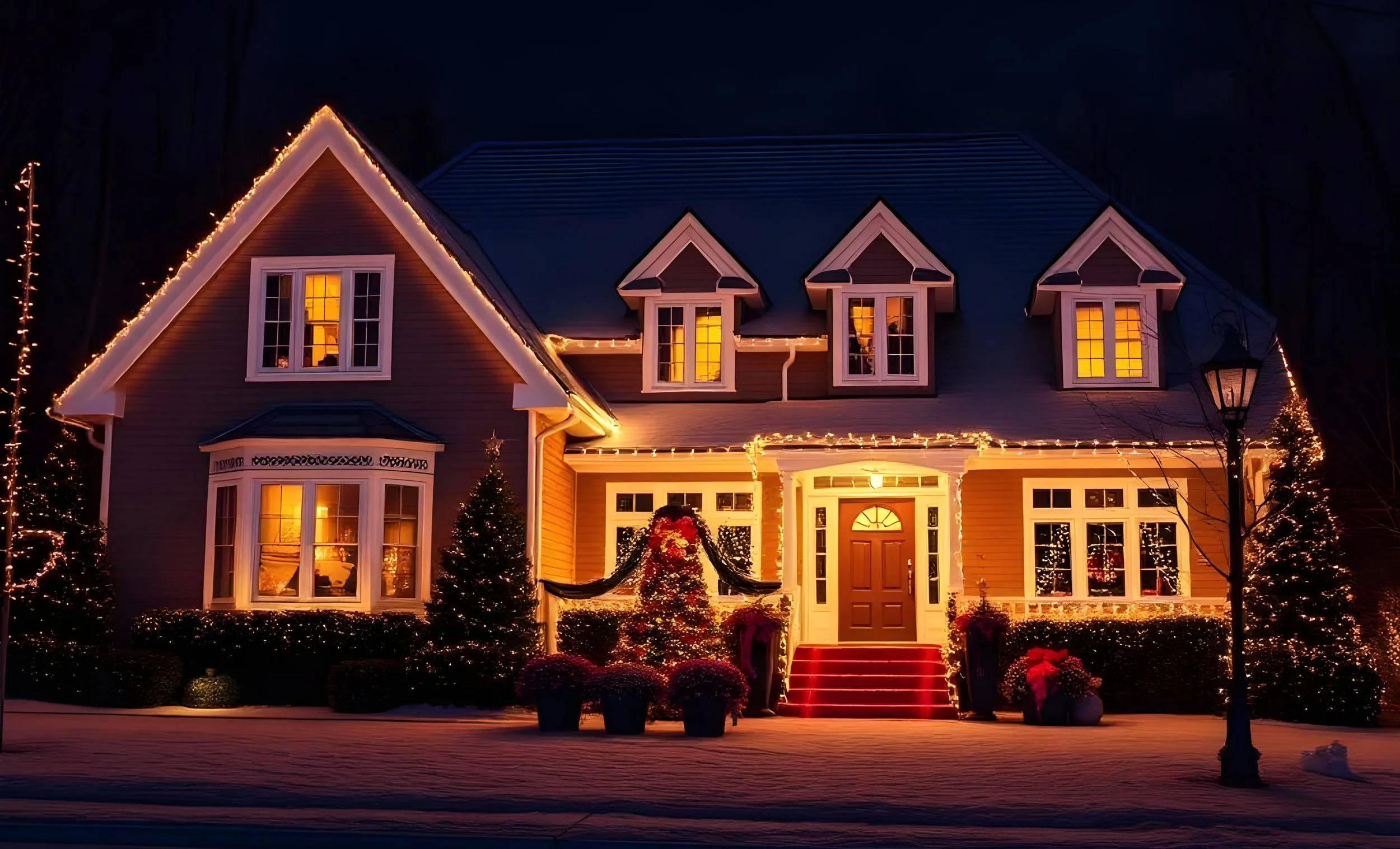 A house decorated with Christmas lights and ornaments at night, with snow on the ground and a lit Christmas tree in the yard.