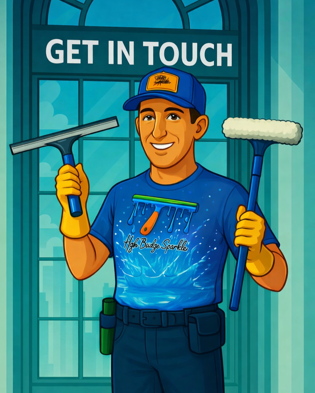 A cartoon man wearing a blue cap, a blue T-shirt with water splash design, and yellow gloves, standing in front of a window with a 'GET IN TOUCH' sign. He is holding a squeegee in his right hand and a roller in his left hand, indicating cleaning activity.