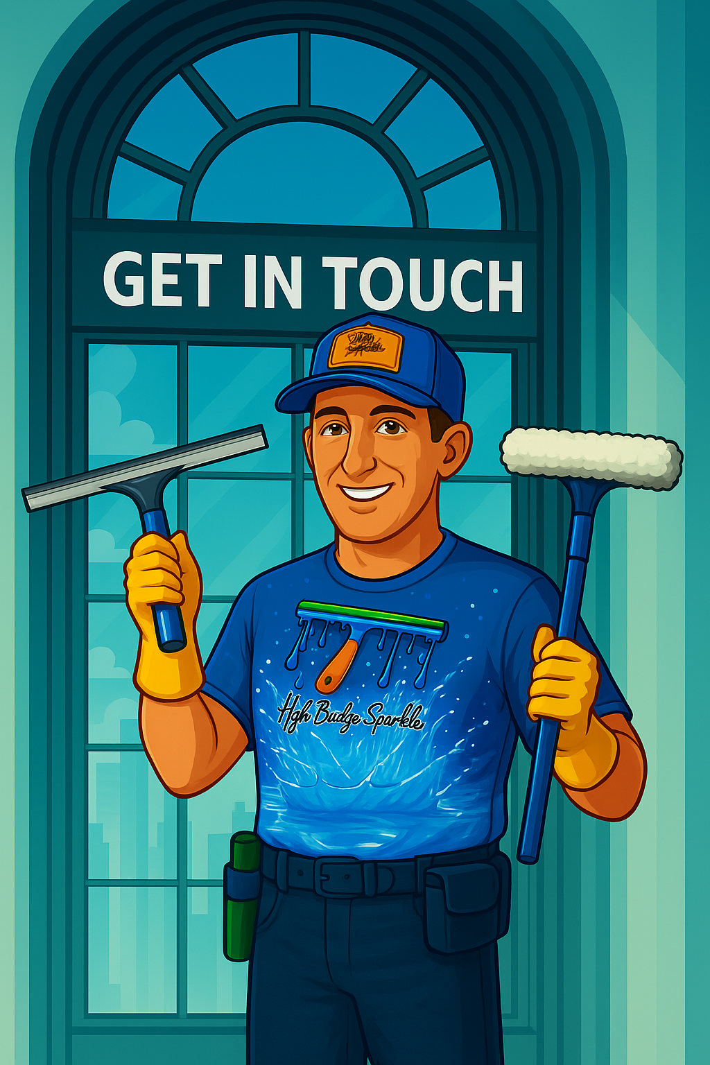 Cartoon illustration of a smiling man in a blue shirt and cap holding cleaning tools in front of a window with a sign that reads 'Get in Touch'.