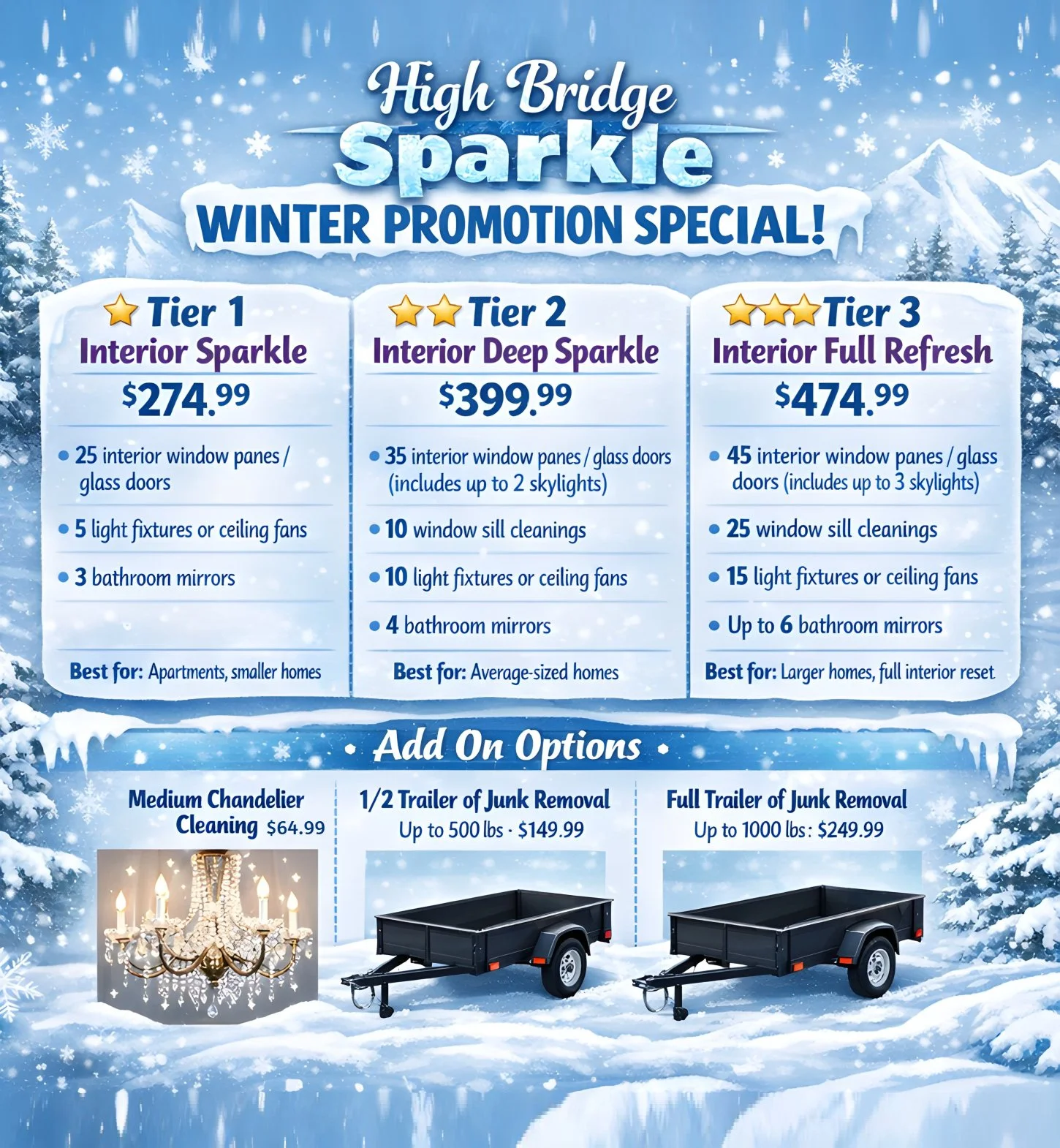 Winter promotion flyer for High Bridge Sparkle, offering three tiers of interior window cleaning services with add-on options including chandelier and junk removal, set against a snowy mountain landscape with snowflakes and pine trees.
