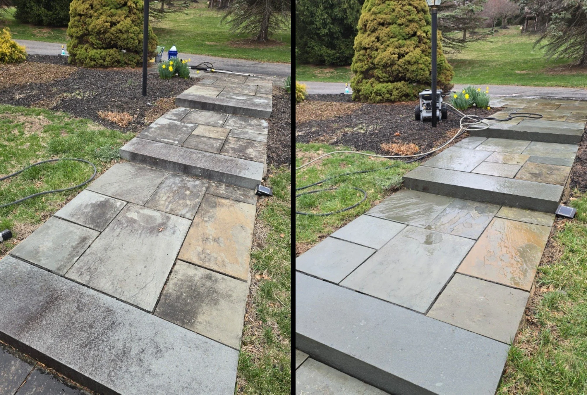 Before and after images of a stone walkway being cleaned, showing dirt and grime removal.