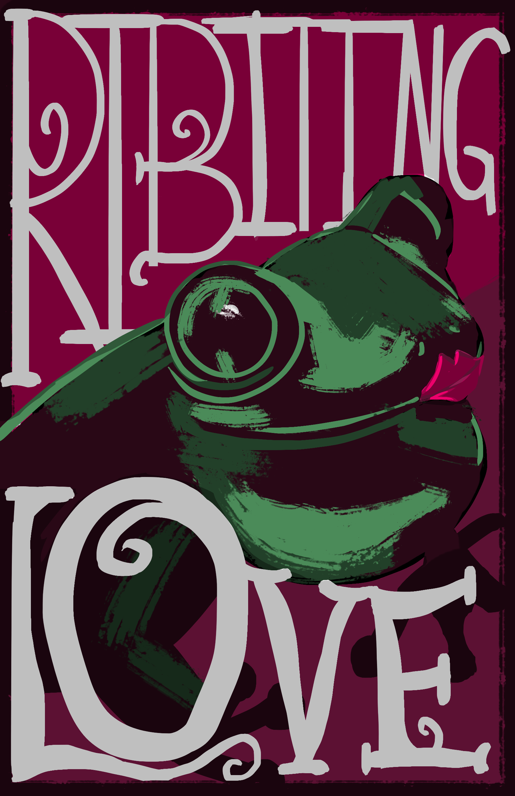 Illustration of a frog with large eyes and a pink tongue, behind the words 'Dearly Love' in decorative white lettering on a dark pink background.