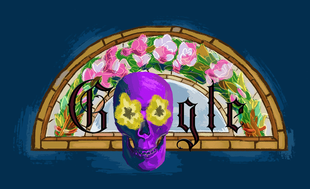 A colorful illustration featuring a purple skull with yellow flowers for eyes in front of a floral stained glass window with pink flowers and green leaves, and the word "GOD" written in gothic style.