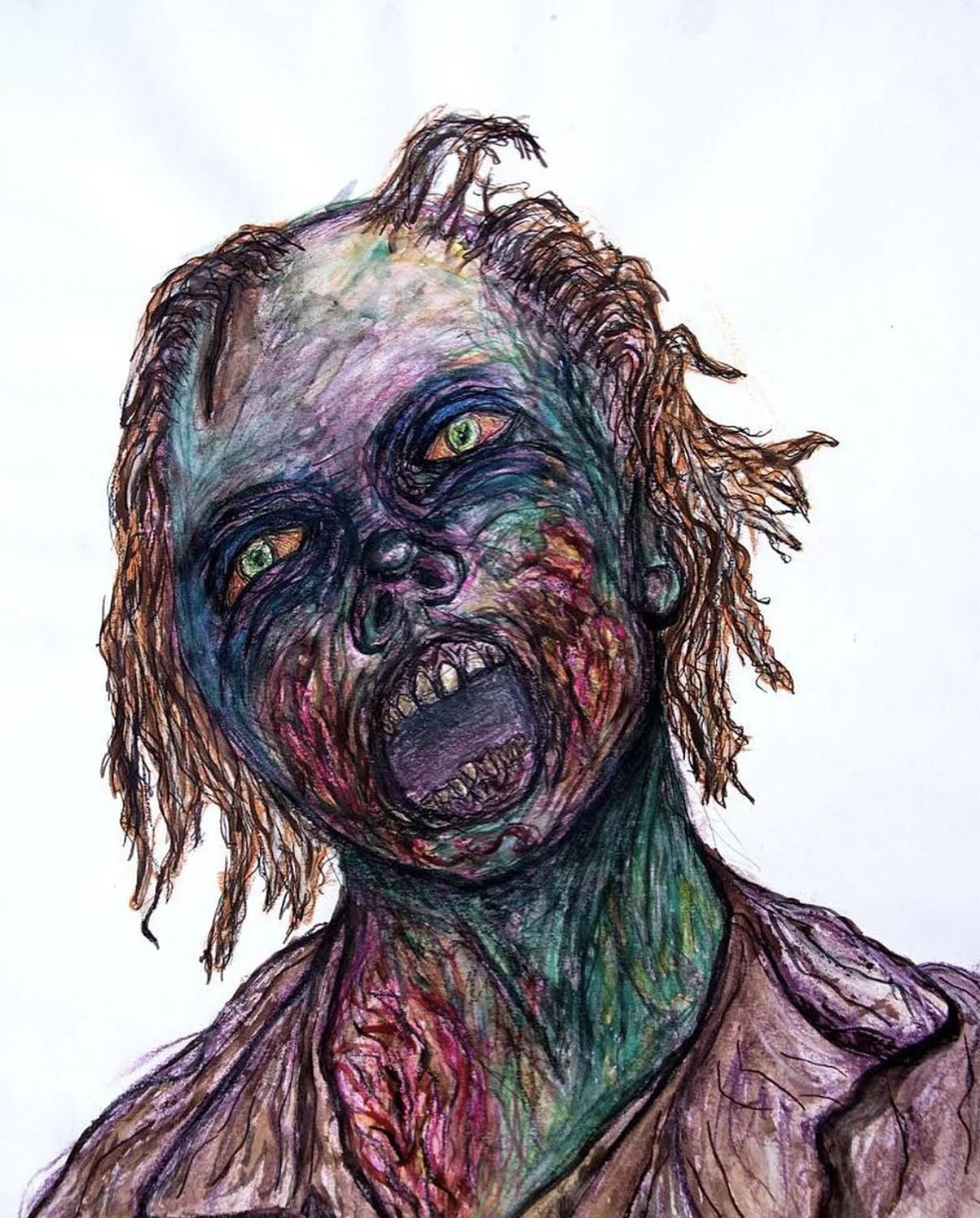 Colorful drawing of a zombie-like figure with green eyes, disheveled hair, and decaying skin, showing an open mouth with visible teeth.
