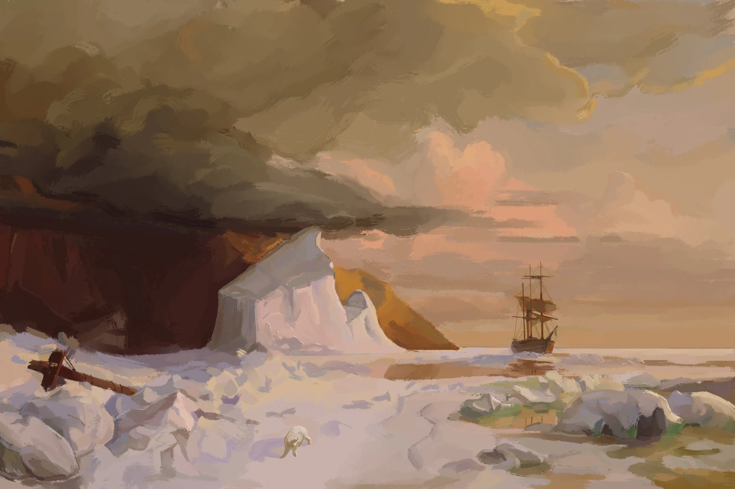 A maritime landscape featuring a dark, stormy sky with ominous clouds, a white ice cliff along the shoreline, and a sailing ship in the distance near the water.