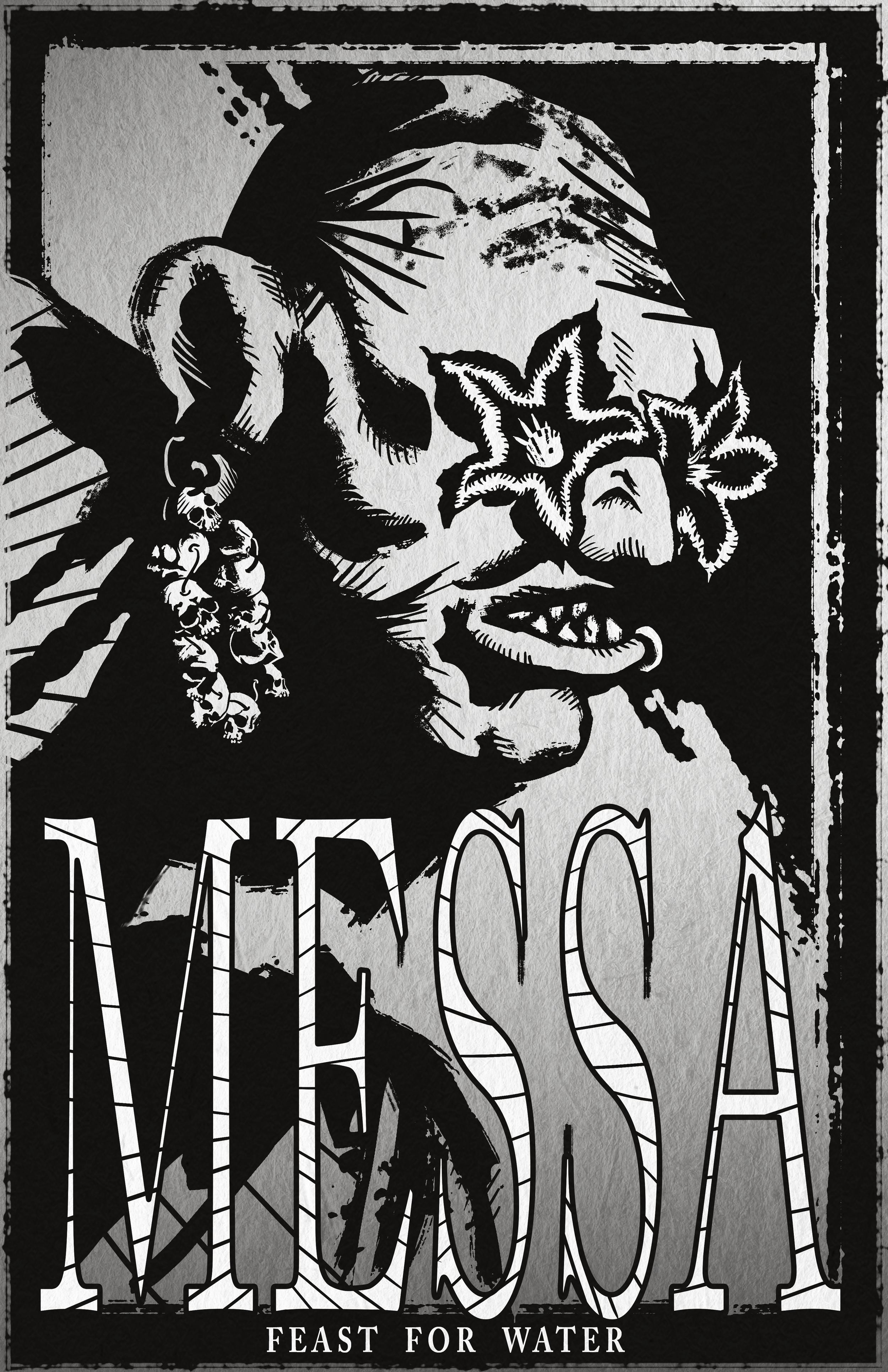 Black and white illustration of a stylized face with exaggerated features, wearing earrings and a necklace, with a leaf and a flower overlay, and the text "VICSA" and "FEAST FOR WATER" at the bottom.