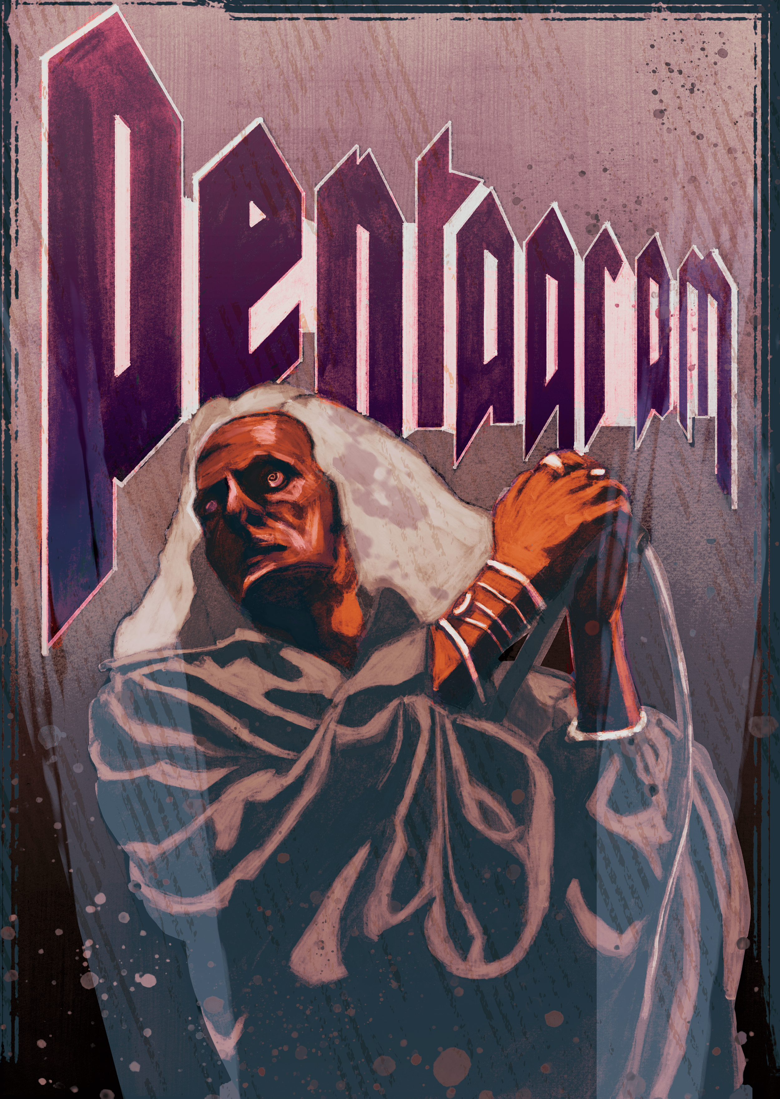 A stylized digital artwork depicting a person with the face of a dog, wearing a striped hoodie and a wristwatch, sitting with a hand on their knee. The background features large, graffiti-style purple and pink text that reads "PARDON."