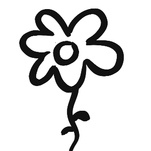 Simple black and white drawing of a flower with a circular center, eight petals, and a curved stem.
