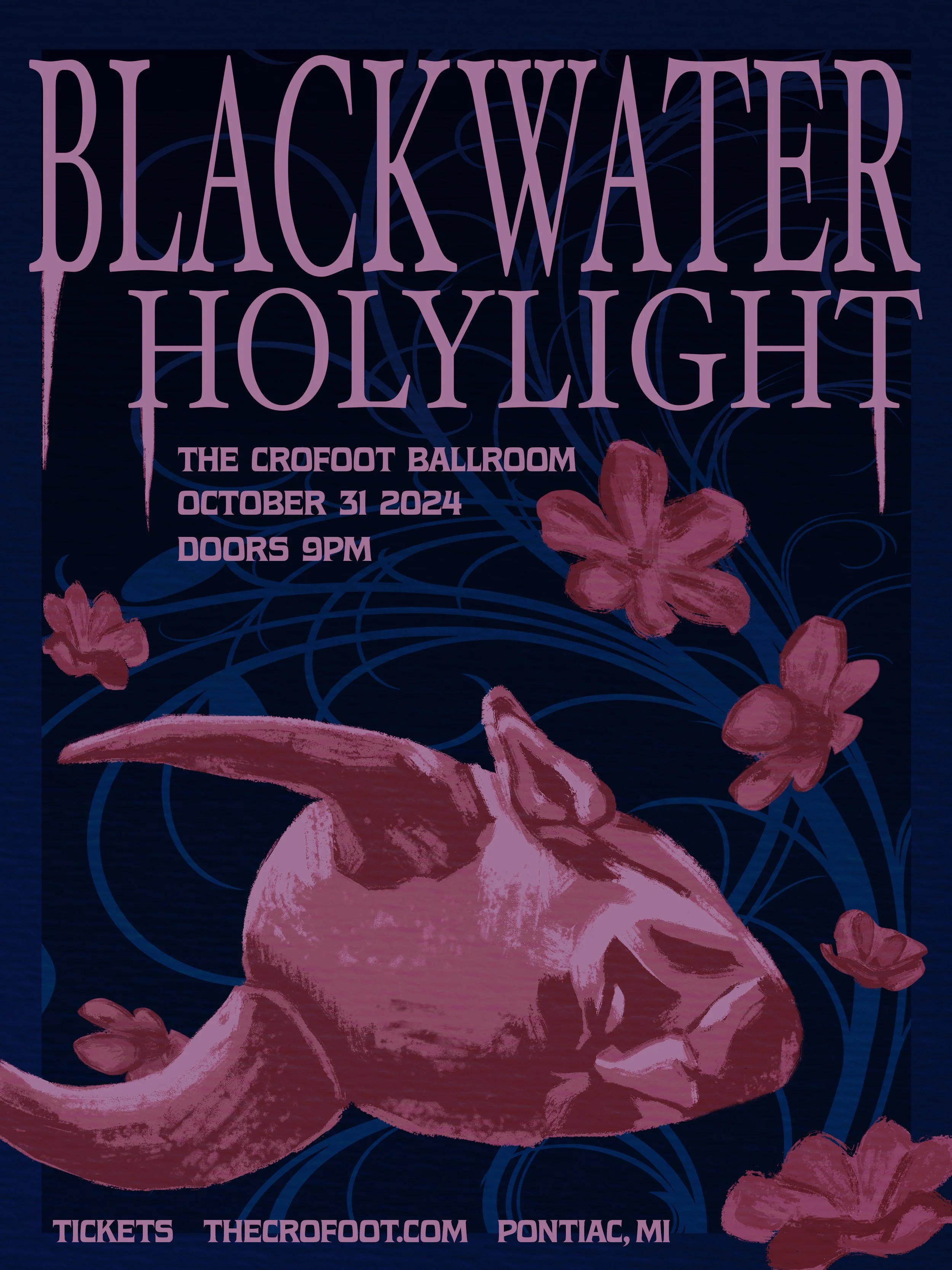 Poster promoting the Black Water Holy Light event at The Crofoot Ballroom on October 31, 2024, featuring a pink fish and pink flowers on a dark background.
