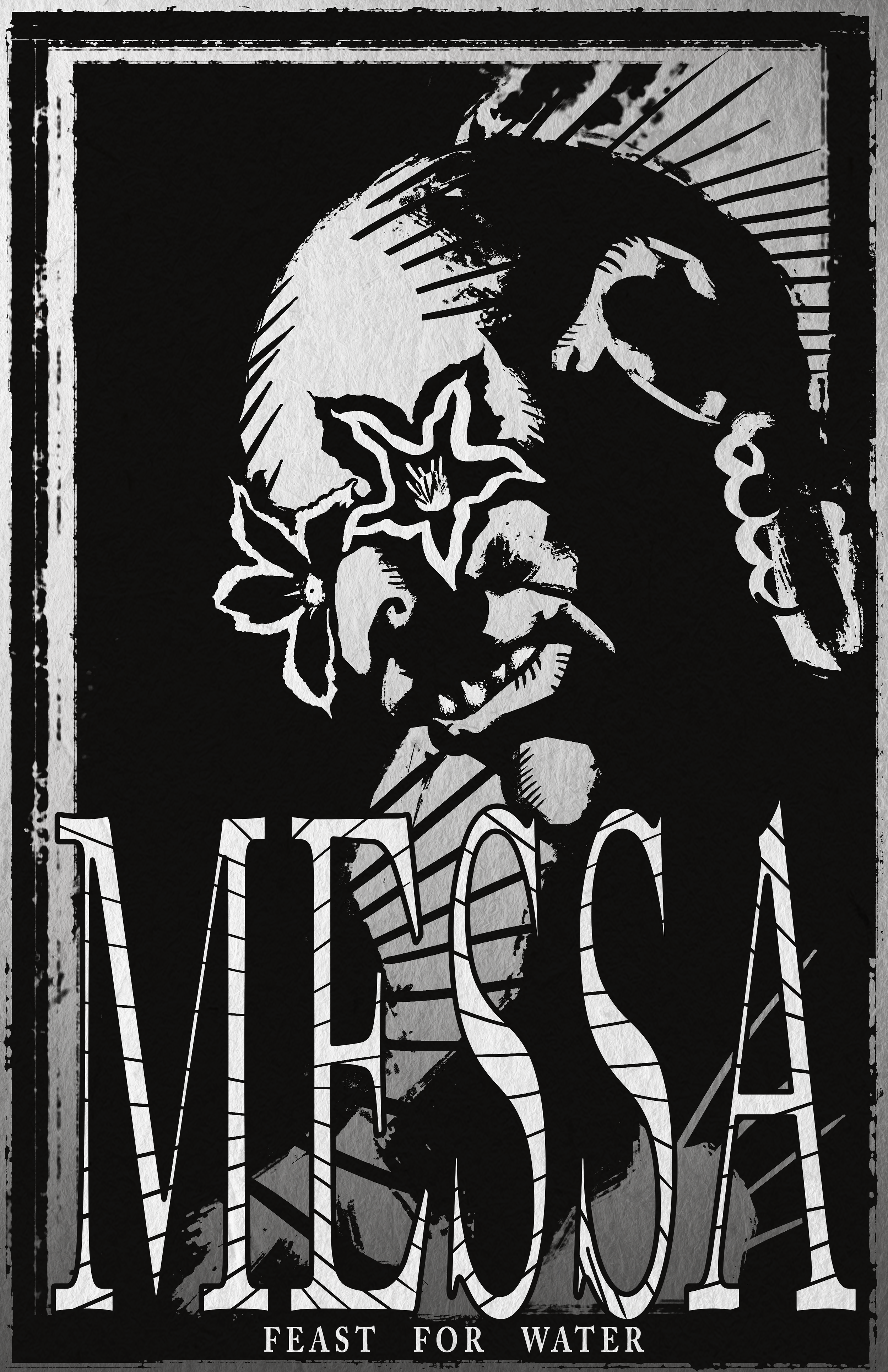 A monochrome artistic poster featuring a stylized portrait of a face with floral elements covering part of it, the word 'MESSA' in large, bold, striped letters, and the phrase 'FEAST FOR WATER' at the bottom.