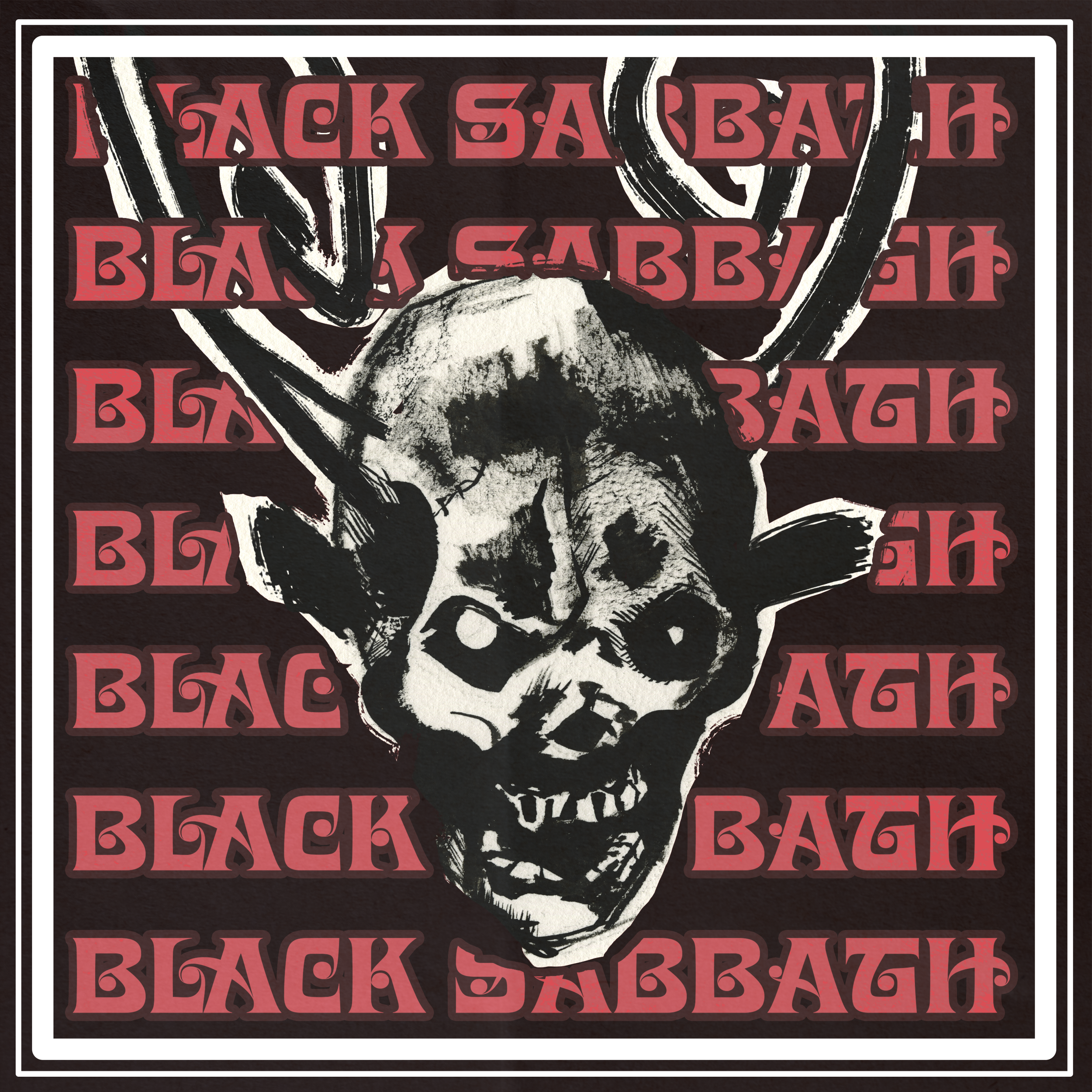 An artistic black and white drawing of a skull with horns and a mohawk, with the phrase 'Black Sabbath' repeated in red stylized text over the image.