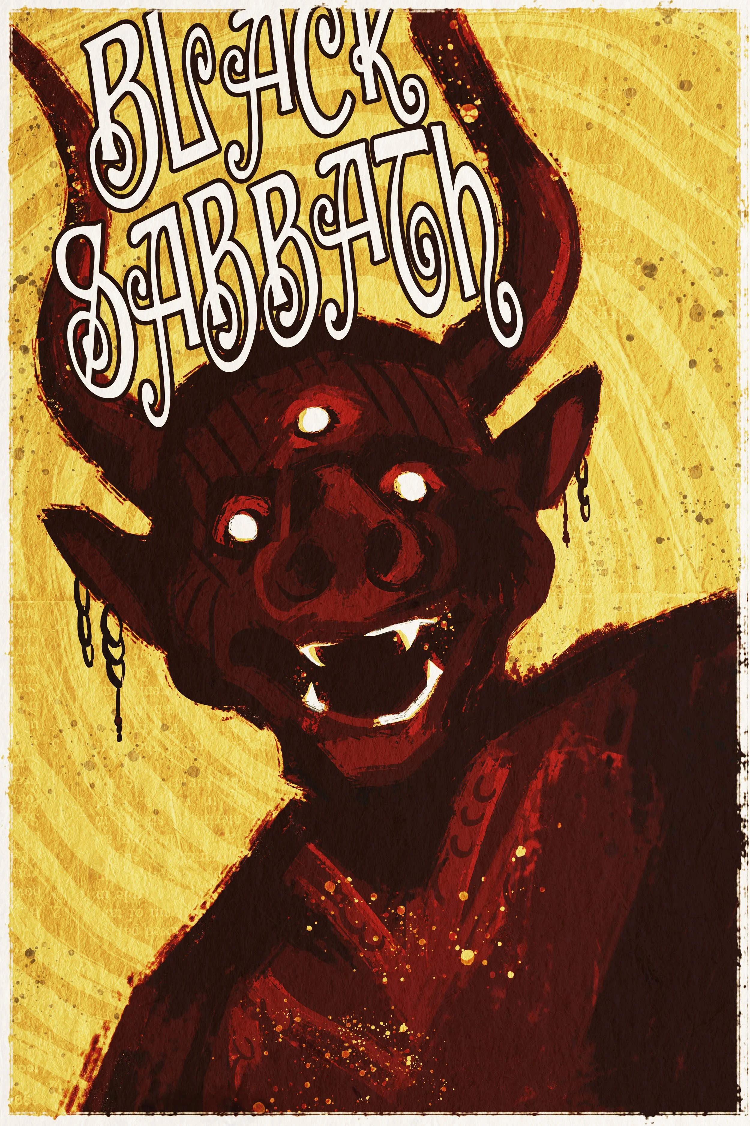 A digital illustration of a devil character with horns, fangs, and glowing eyes holding a sign that says 'Black Sabbath' in a stylized, curvy font. The background is yellow with a textured, splattered paint effect.