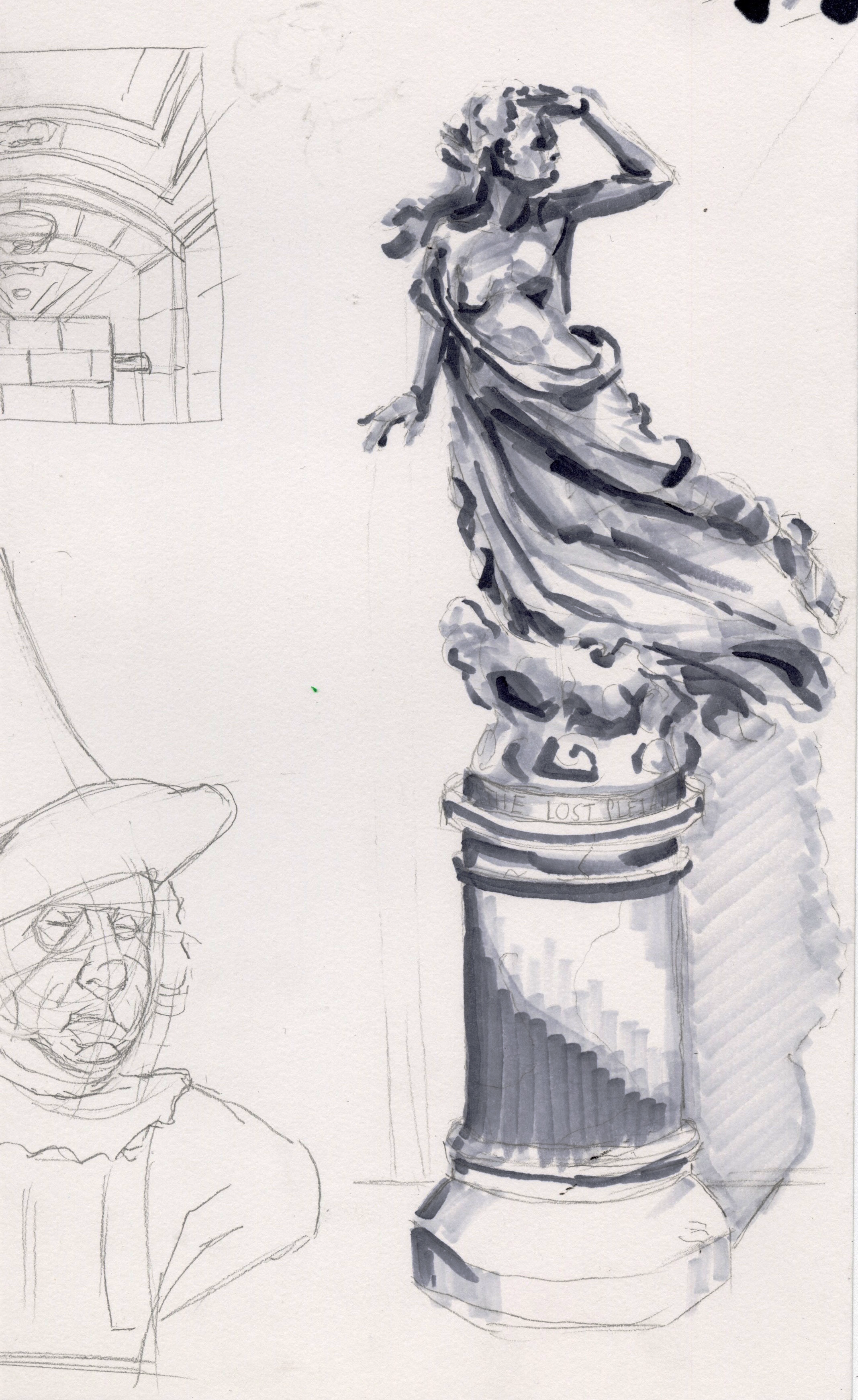 A sketch of a sculpture titled "Lost Daughters" on a pedestal with a woman wearing a hat observing it.