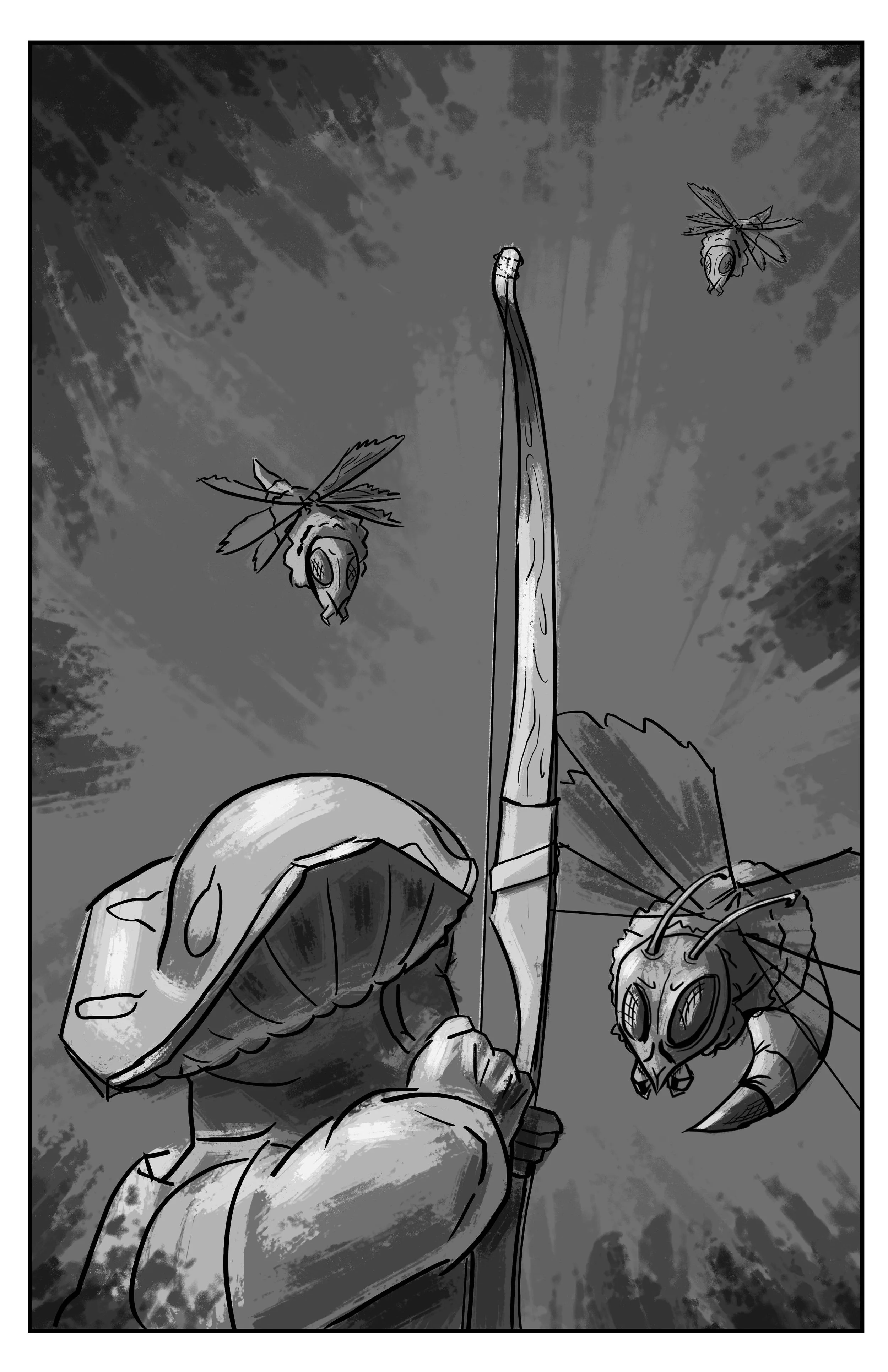 A warrior wearing a helmet with a bird skull design, holding a bow, faces two large, mean-looking flies with big eyes and wings in a monochrome comic style.
