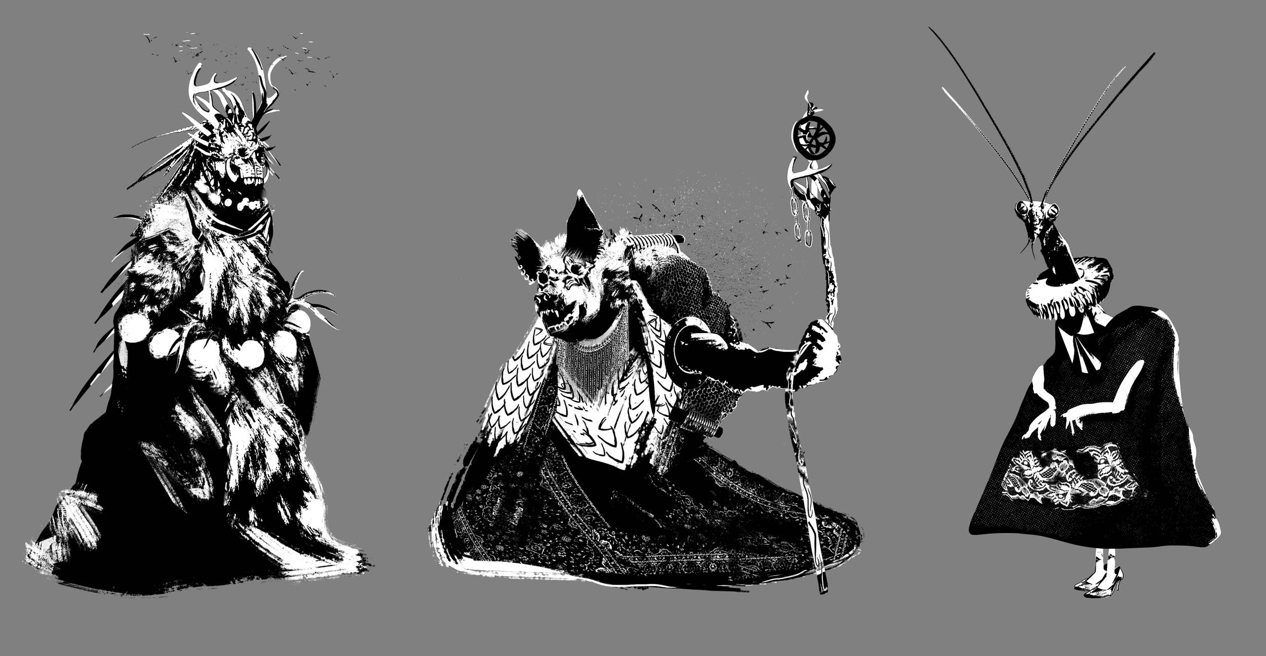 Three fantasy characters in black and white: a horned demon with a lion-like face, wearing armor and a cape; a tall insect-like woman with antennae, wearing a decorated dress; and a creature with a insect-like head, wearing a cloak and holding a staf