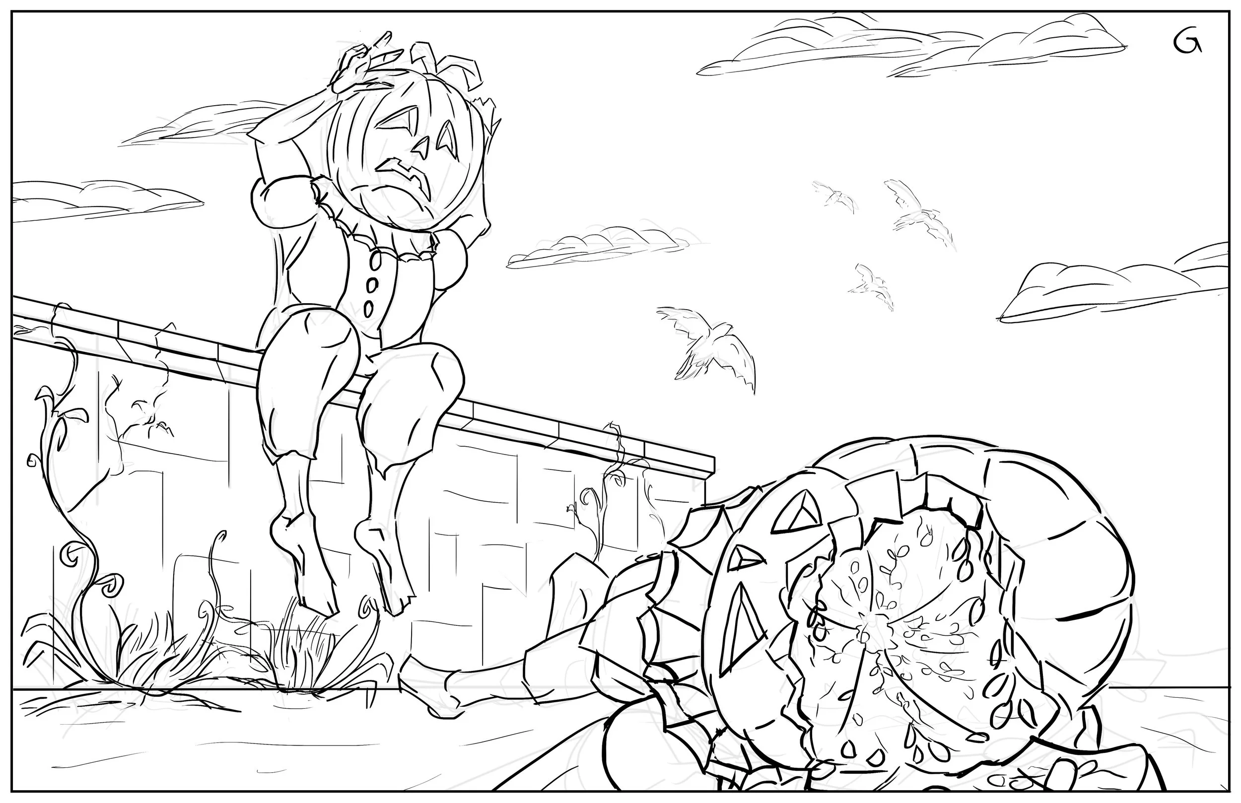 A pumpkin-headed figure dressed as a scarecrow sitting on a wall with a broken pumpkin in the foreground and birds flying in the sky.